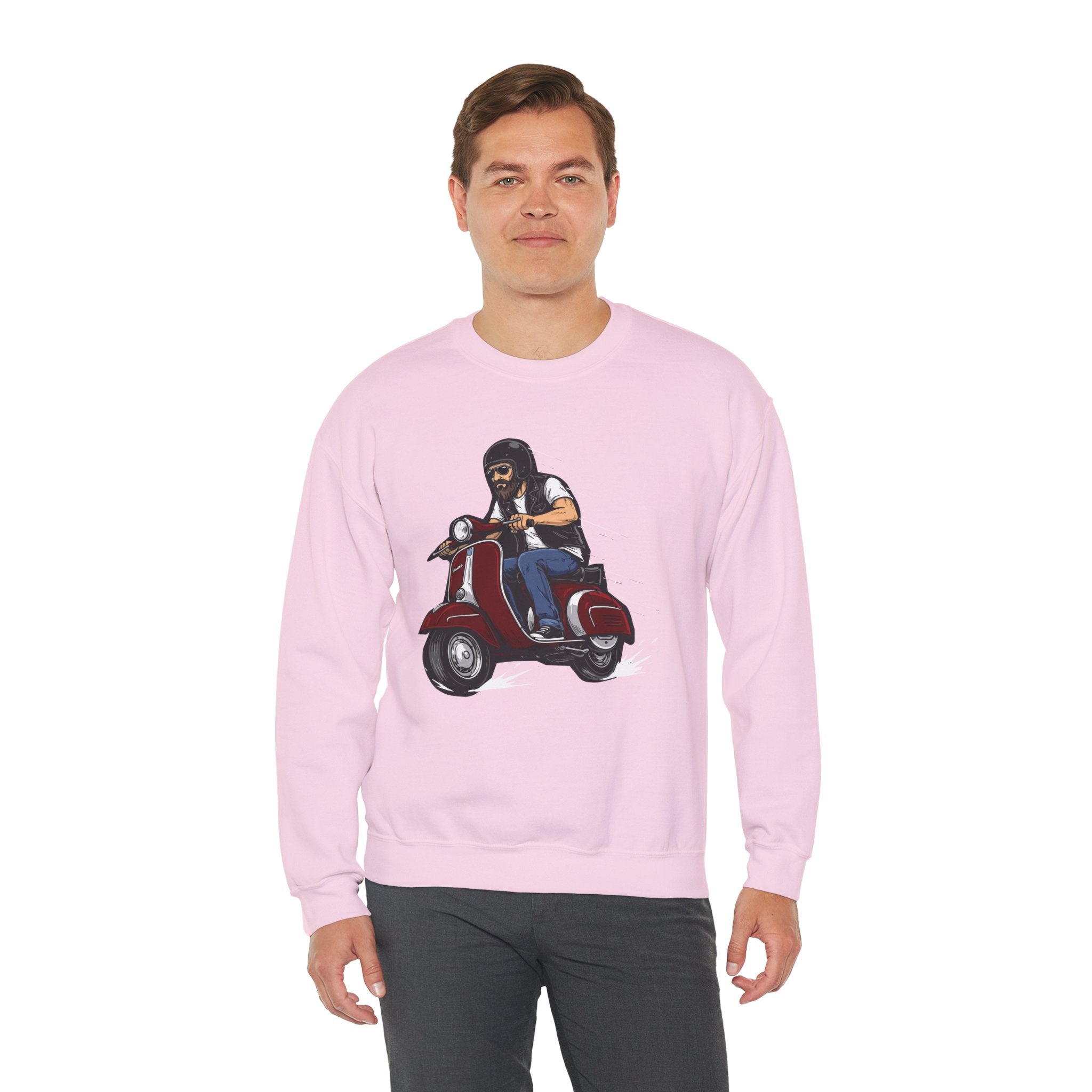 Biker on Red Vespa Sweatshirt Retro Scooter Rider Crewneck