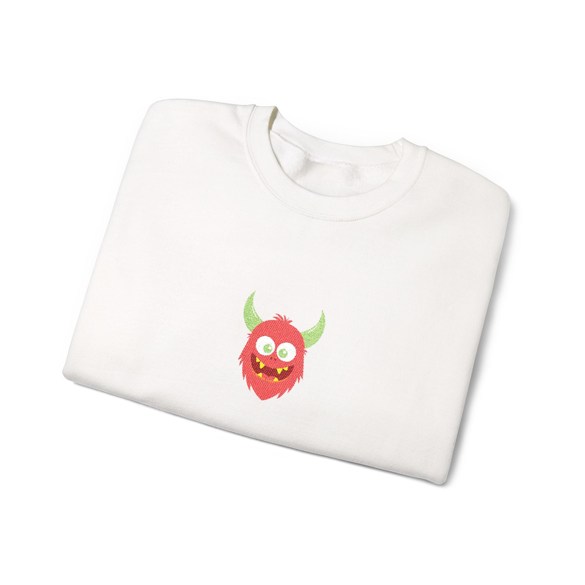 White sweatshirt with a red monster graphic on a white background