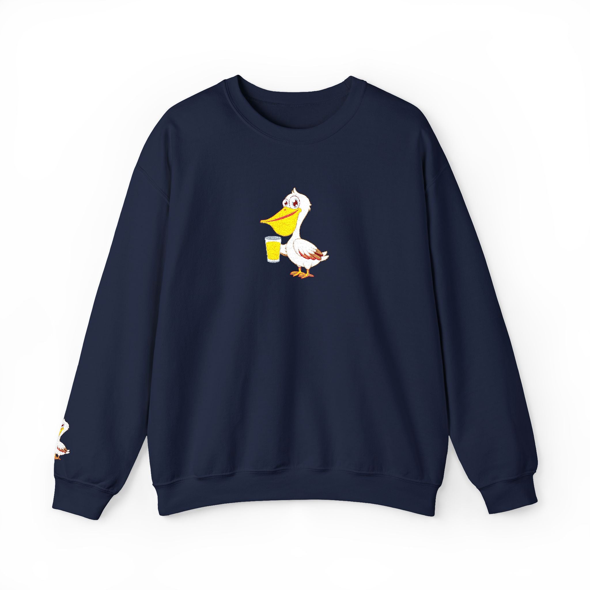 Navy blue sweatshirt with a cartoon duck design on a white background