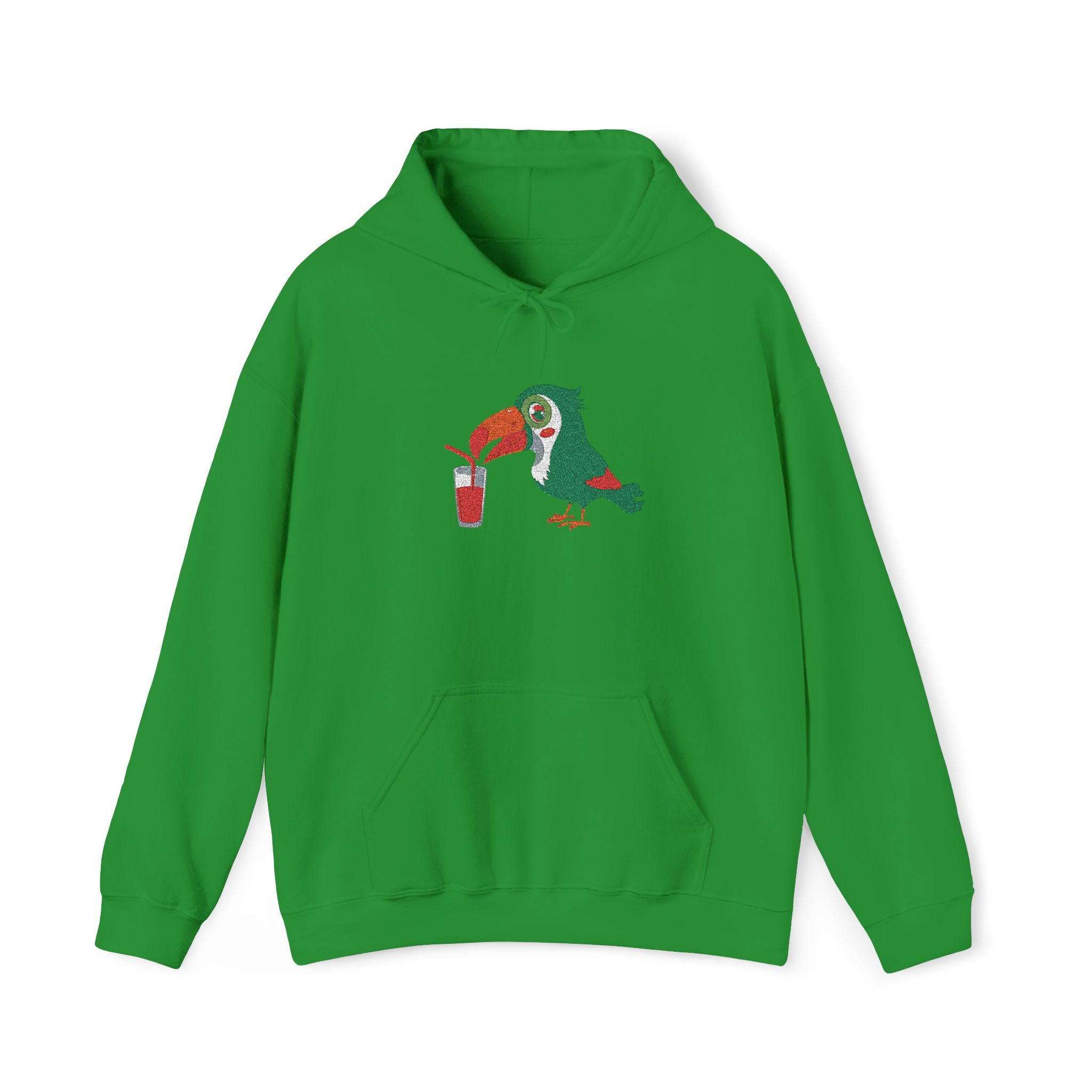 Green hoodie with a colorful parrot design on a white background