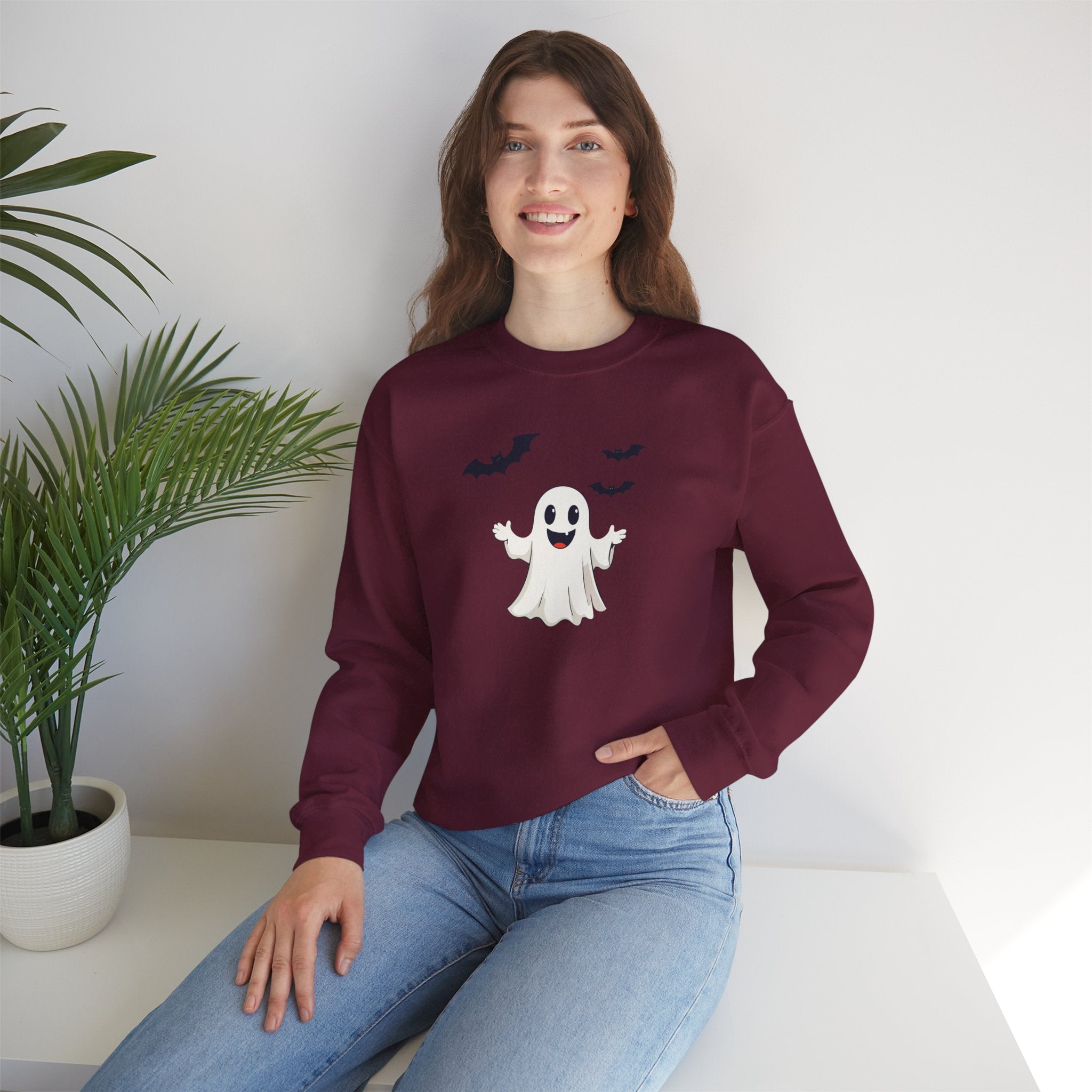 Halloween Ghost Crewneck Sweatshirt Cute Boo Ghost & Bats Cozy Pullover