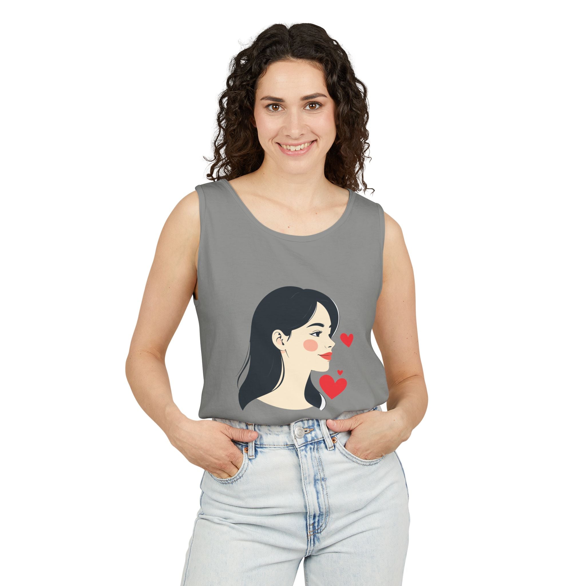 Kawaii Girl Portrait Tank Top Cute Heart Illustration Graphic Tank