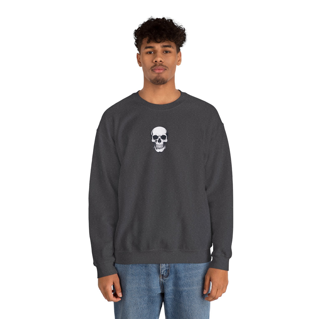 Skull Crewneck Sweatshirt Minimal Front, Large Back Graphic