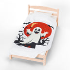 Cute Halloween Ghost Plush Blanket Cozy Velveteen Throw with Bats & Moon