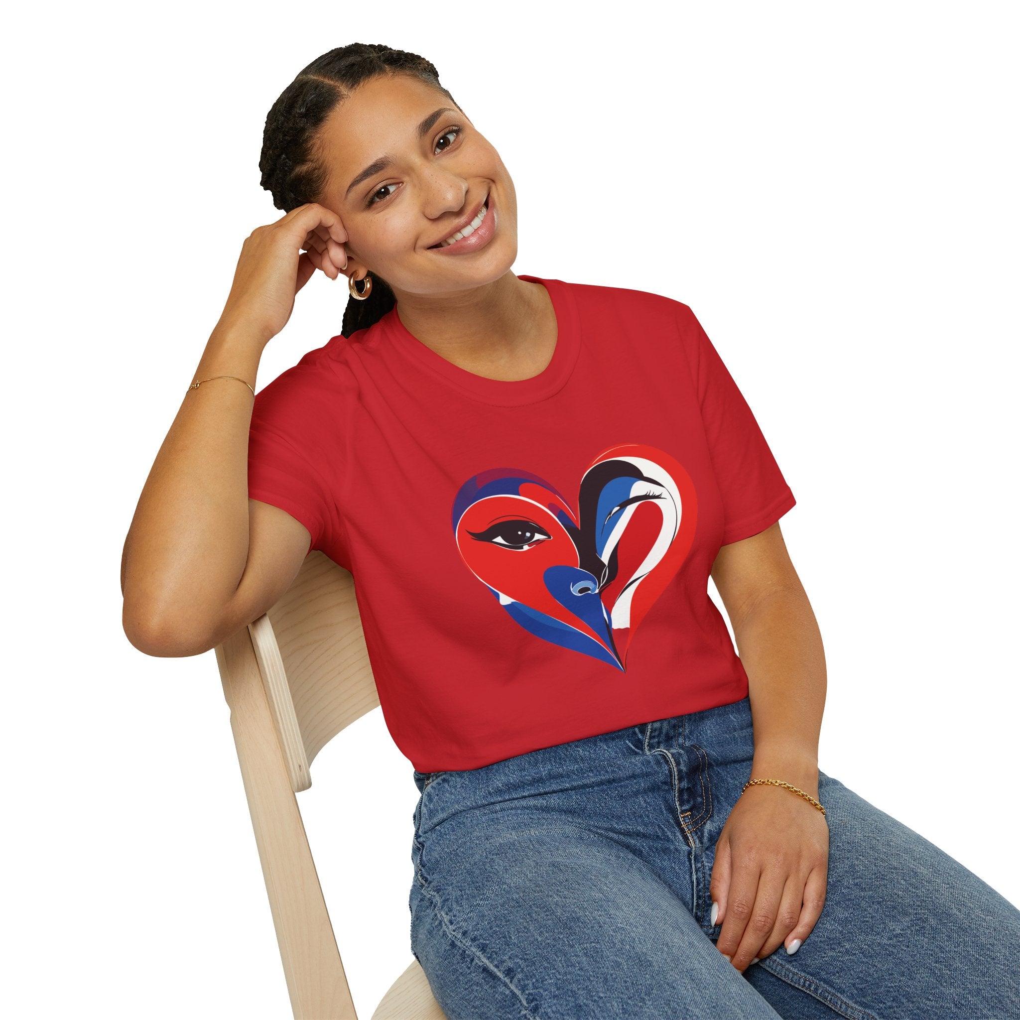 Heart Face Graphic T‑Shirt Red & Blue Abstract Love Design