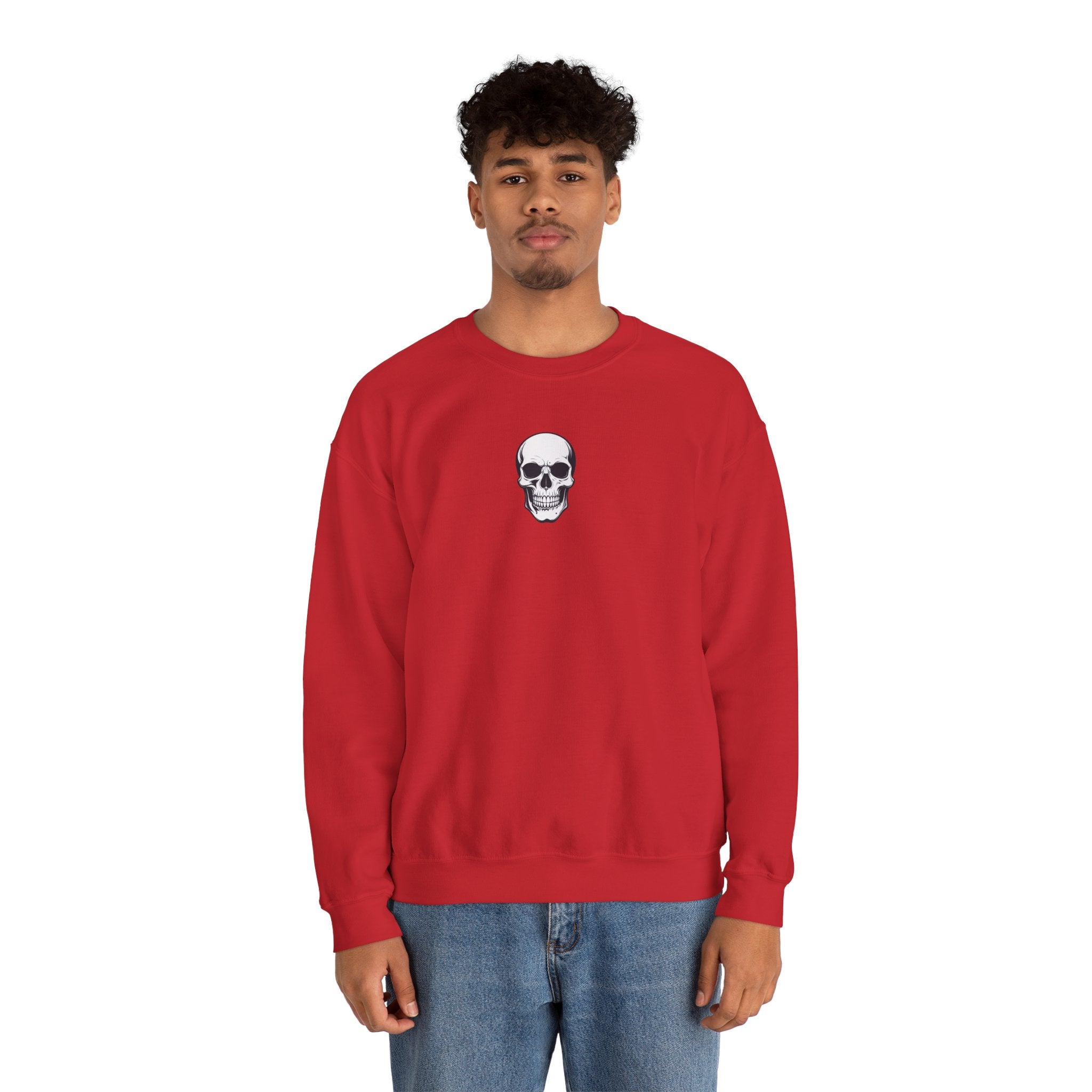 Skull Crewneck Sweatshirt Minimal Front, Large Back Graphic