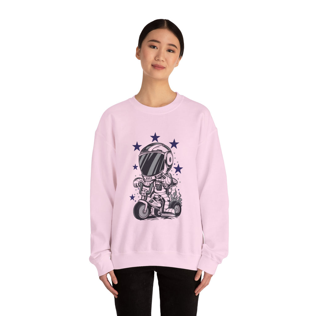 Astronaut Riding Scooter Crewneck Sweatshirt Retro Space Biker Graphic