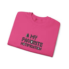 Folded pink t-shirt with black text on a white background