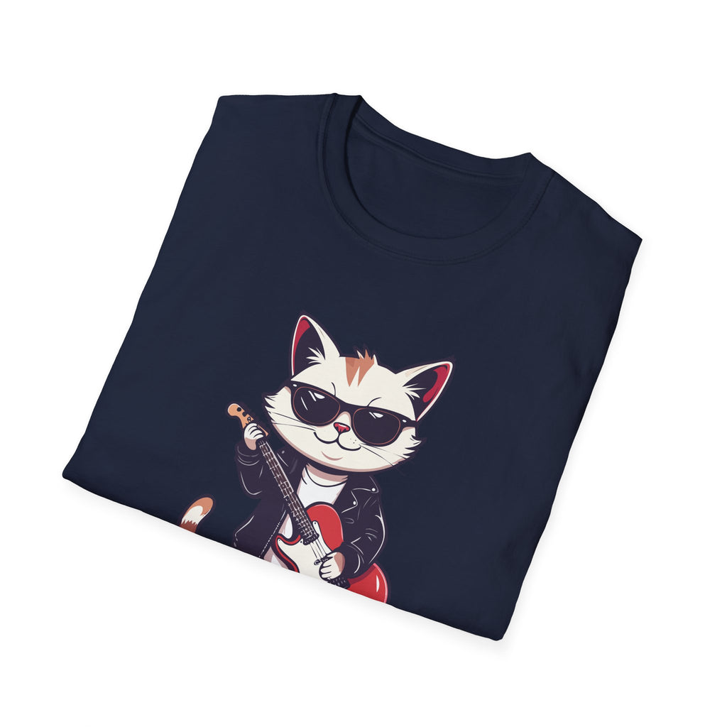 Cat Rocker T-Shirt Cool Sunglasses Cat Playing Guitar Graphic Tee