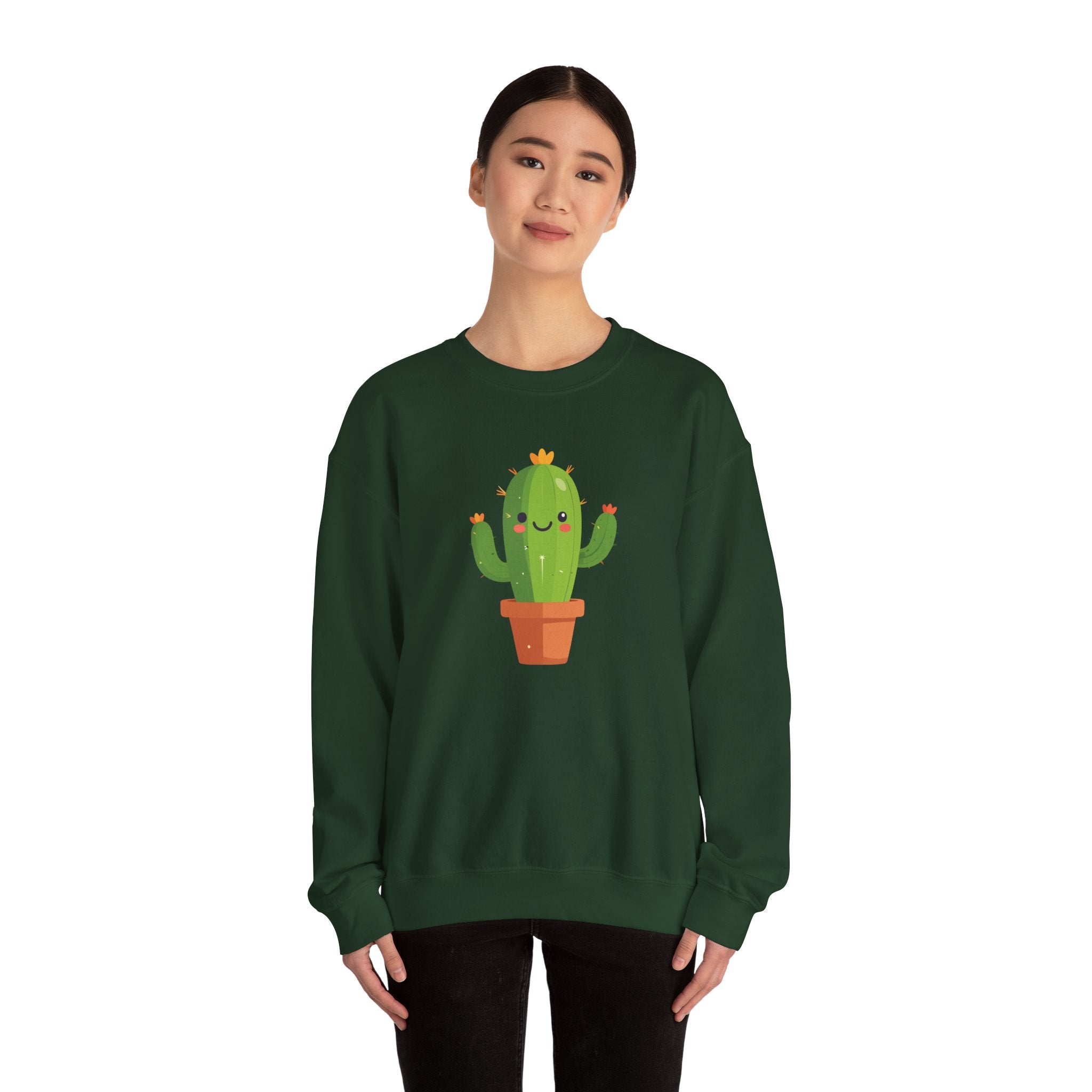 Cute Kawaii Cactus Crewneck Sweatshirt Smiling Potted Cactus Graphic