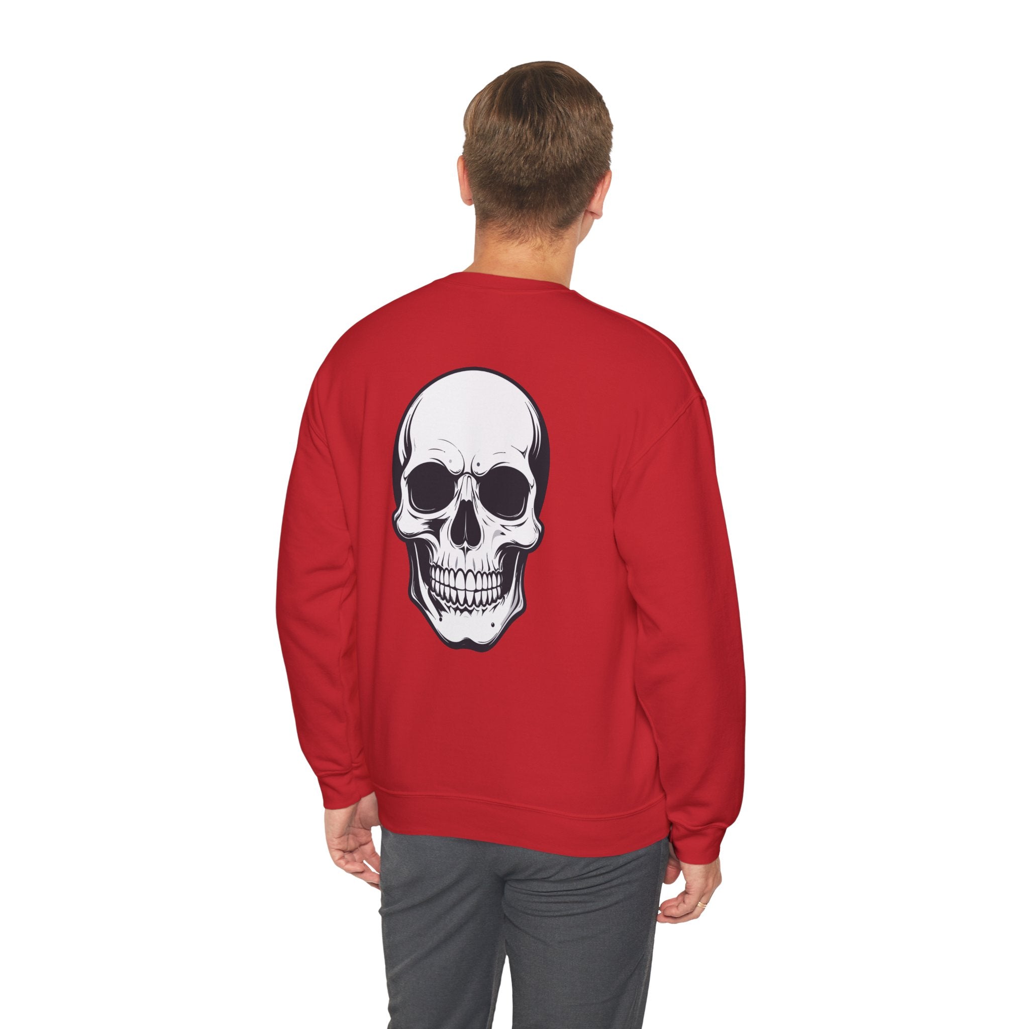 Skull Crewneck Sweatshirt Minimal Front, Large Back Graphic