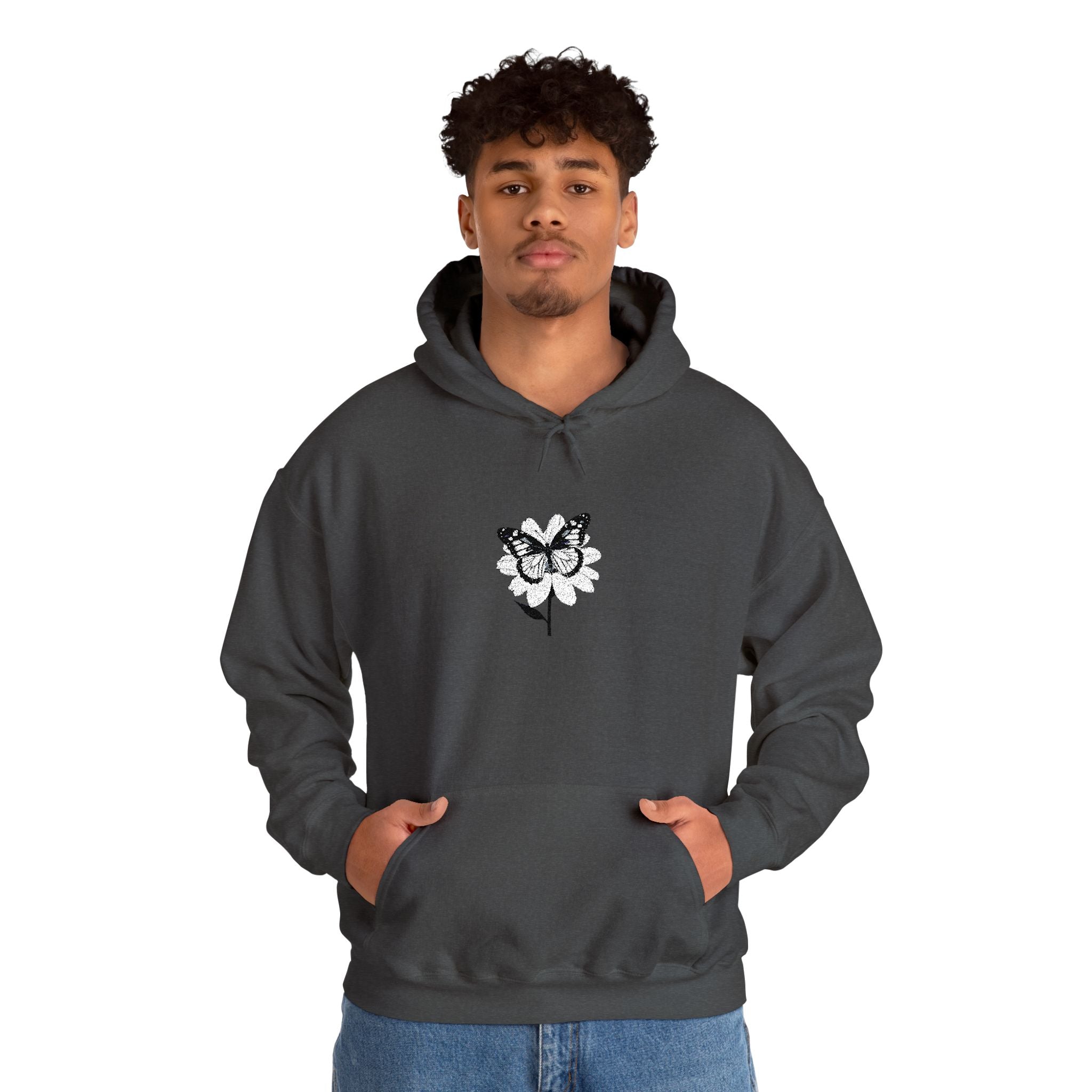 Embroidered Floral Butterfly Hoodie Monochrome Rose & Butterfly Graphic Sweatshirt