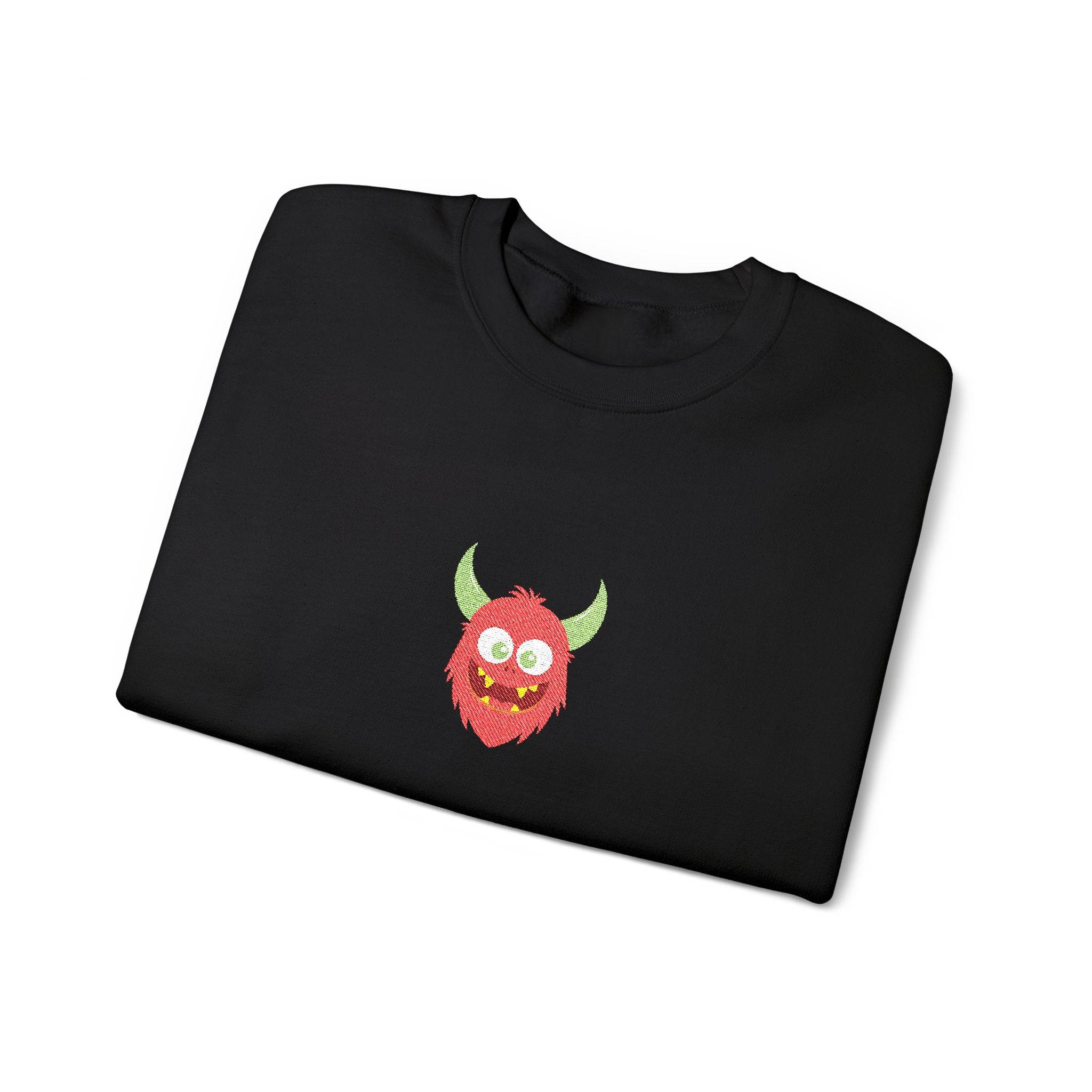 Black sweatshirt with a red monster face design on a white background