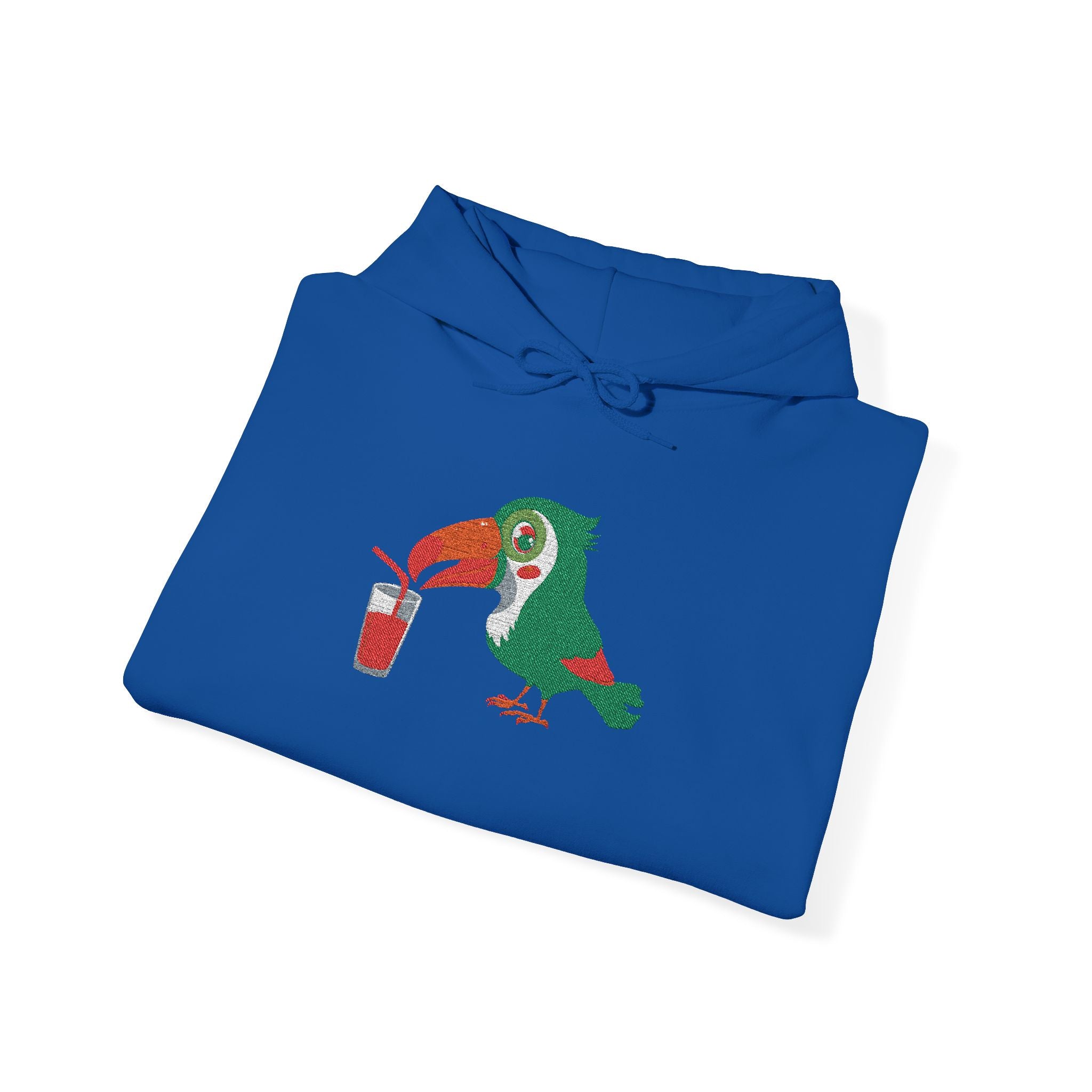 Folded blue hoodie with a parrot design on a white background