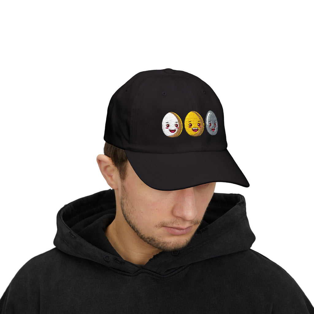 Dad Cap Sequin Egg Trio Embroidered Hat (Cute Breakfast Emoji)