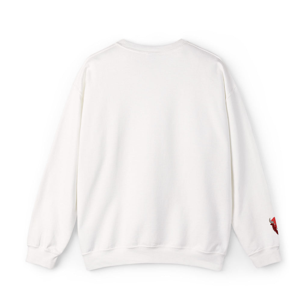 White sweatshirt with a small red logo on the sleeve against a white background