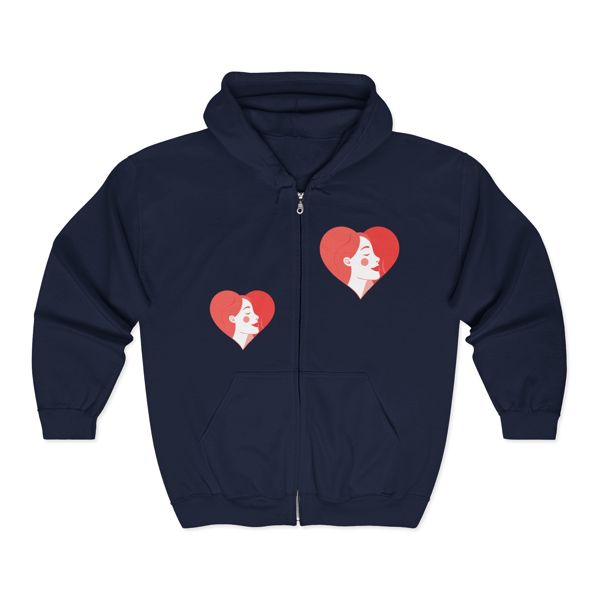 Heart Portrait Zip Hoodie — Retro Woman Profile Valentine Sweatshirt