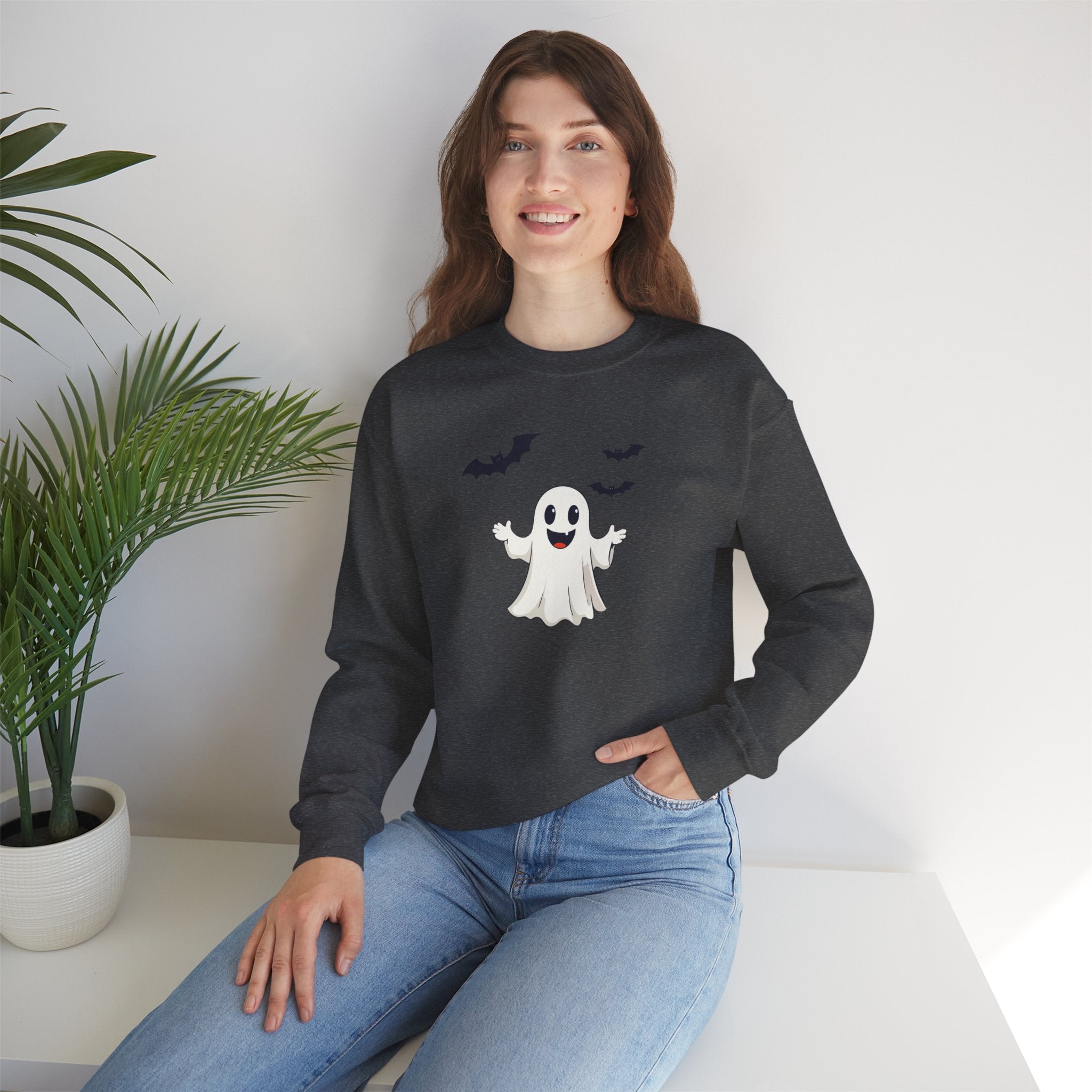 Halloween Ghost Crewneck Sweatshirt Cute Boo Ghost & Bats Cozy Pullover