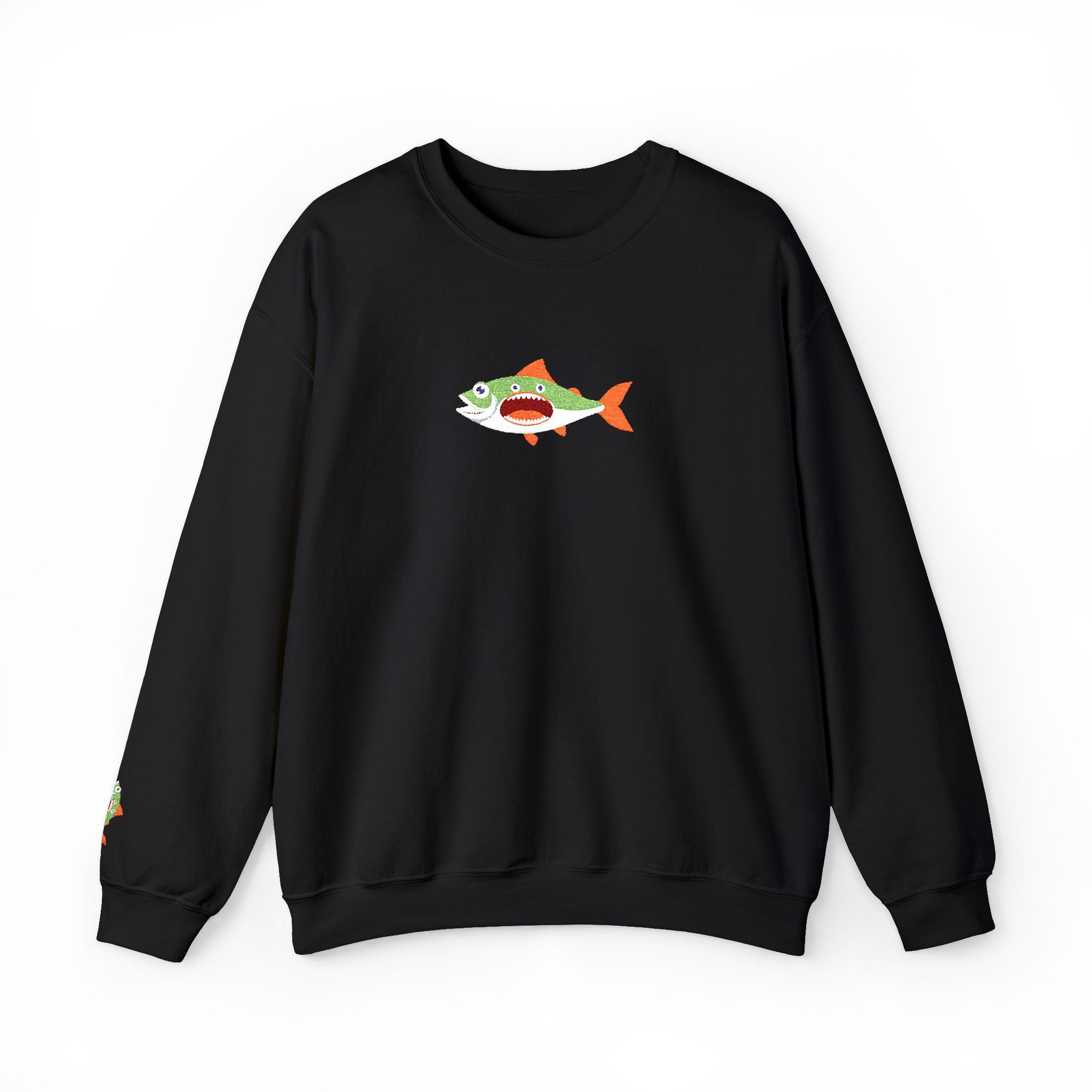 Black sweatshirt with a colorful shark graphic on a white background