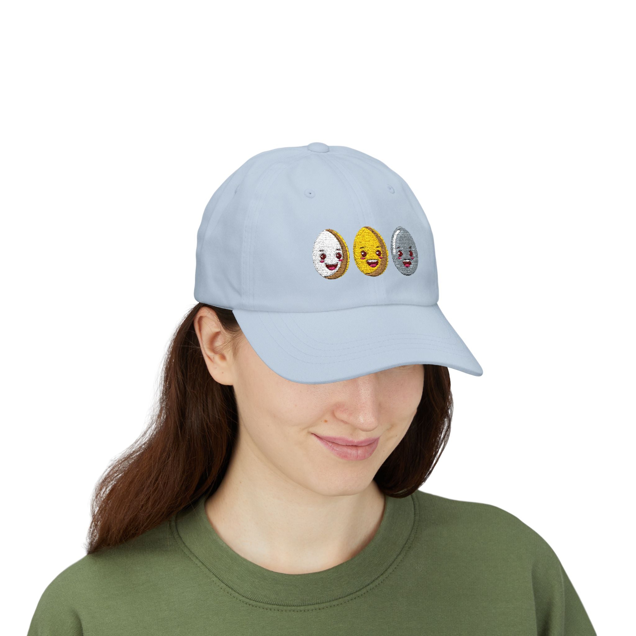 Dad Cap Sequin Egg Trio Embroidered Hat (Cute Breakfast Emoji)