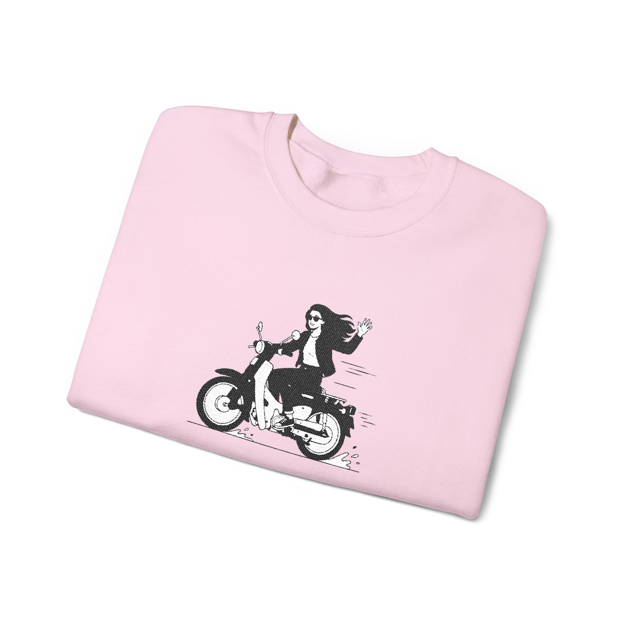 Embroidered Girl Motorcycle Rider Graphic Crewneck Sweatshirt