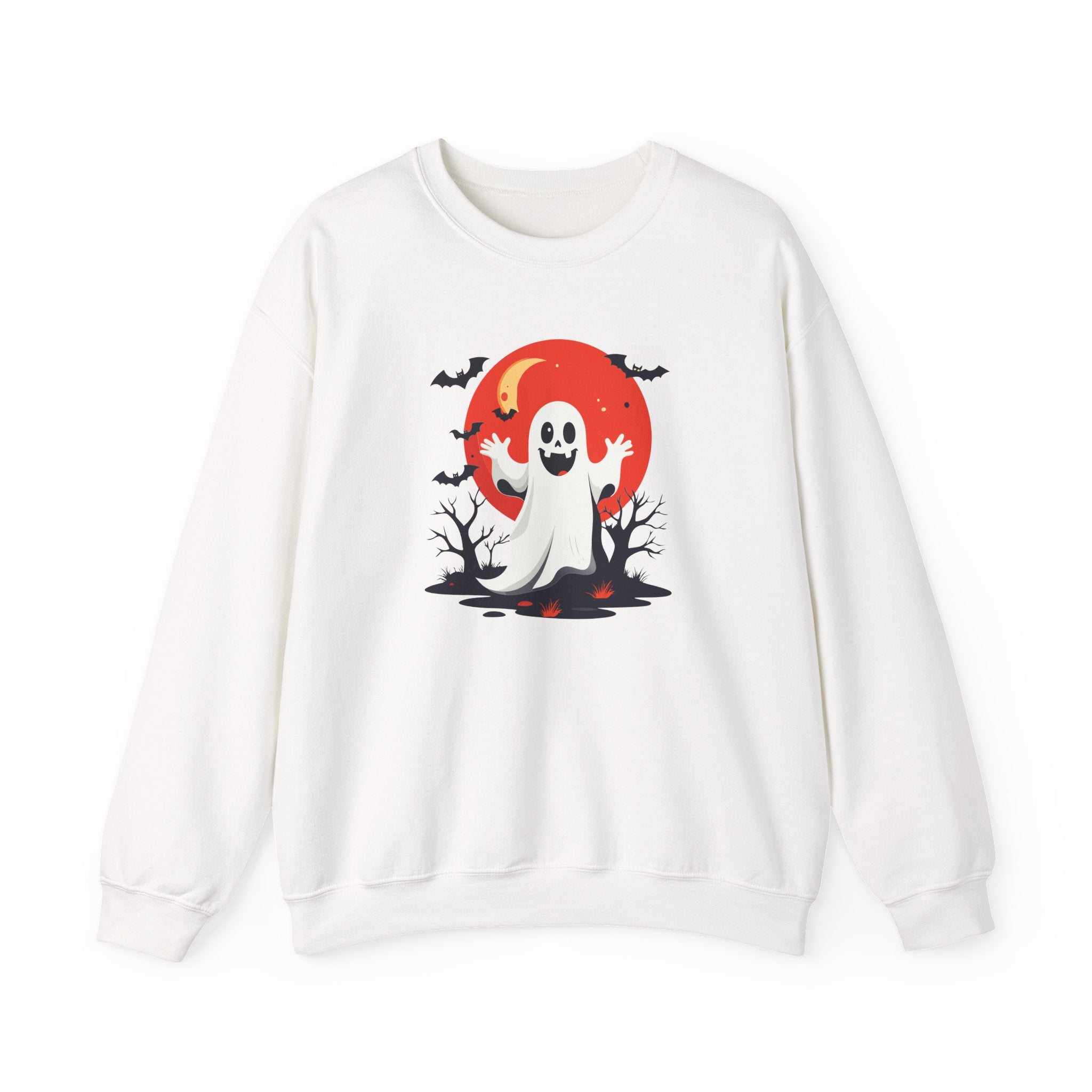 Crewneck Sweatshirt - Cute Ghost & Red Moon Halloween Design