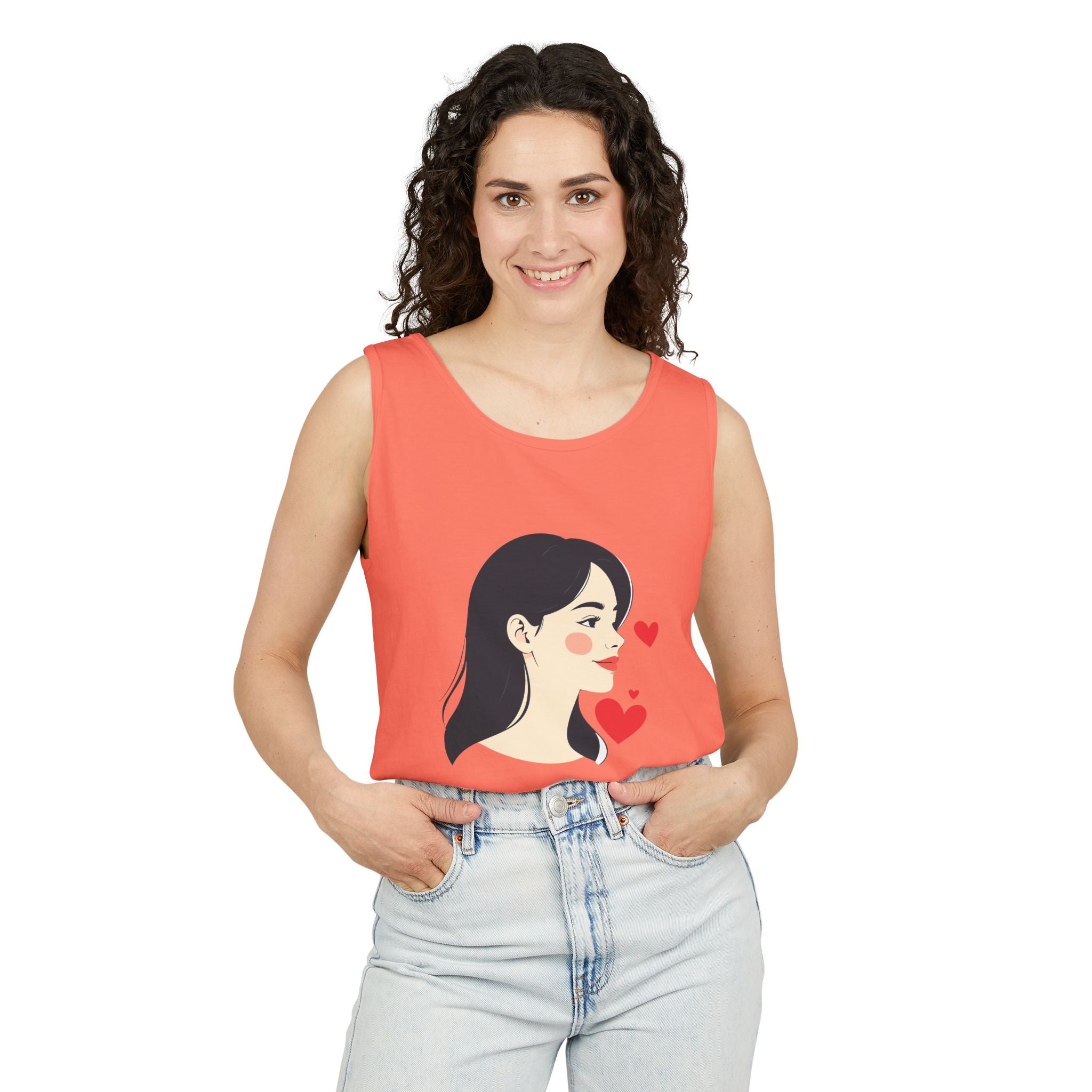 Kawaii Girl Portrait Tank Top Cute Heart Illustration Graphic Tank