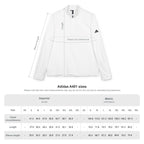 White Adidas jacket with size chart measurements on a white background
