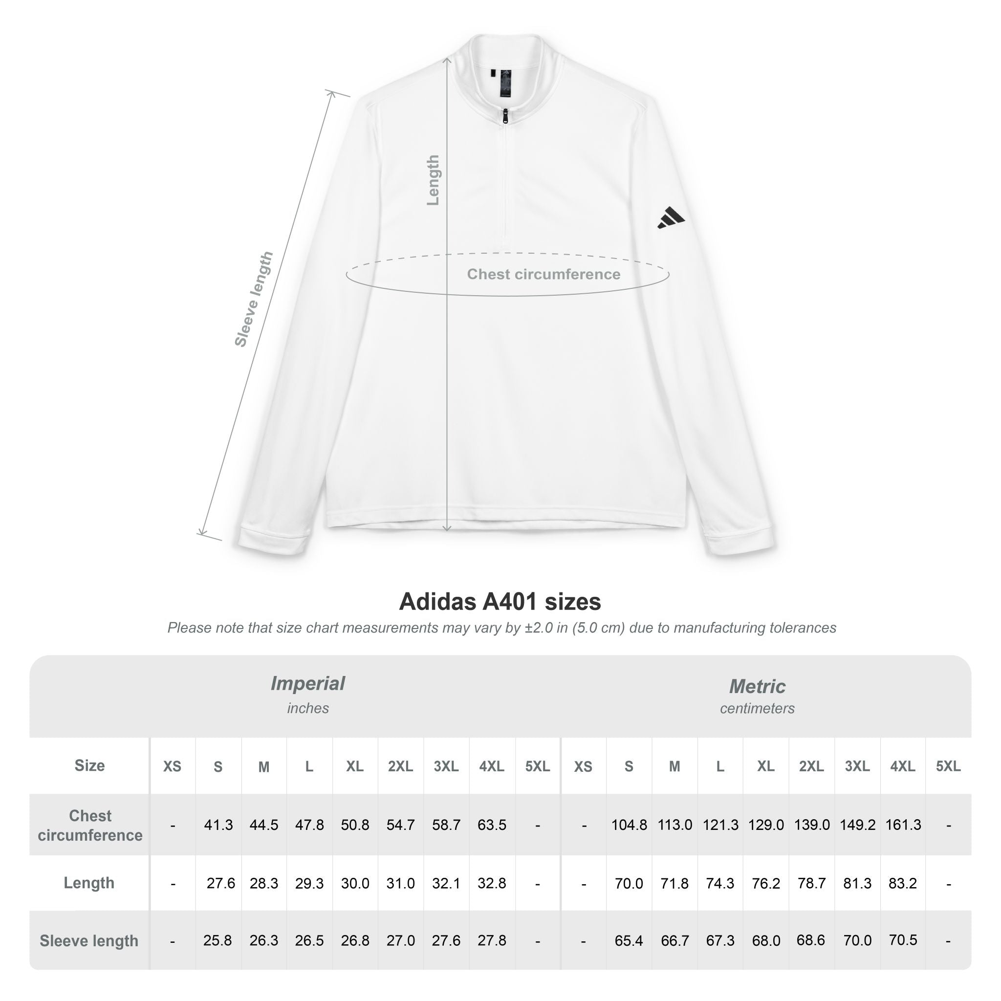 White Adidas jacket with size chart measurements on a white background