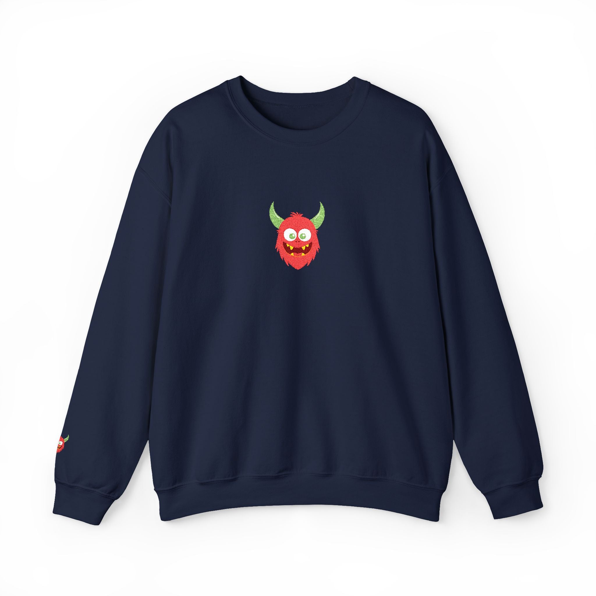 Navy blue sweatshirt with a red monster face design on a white background