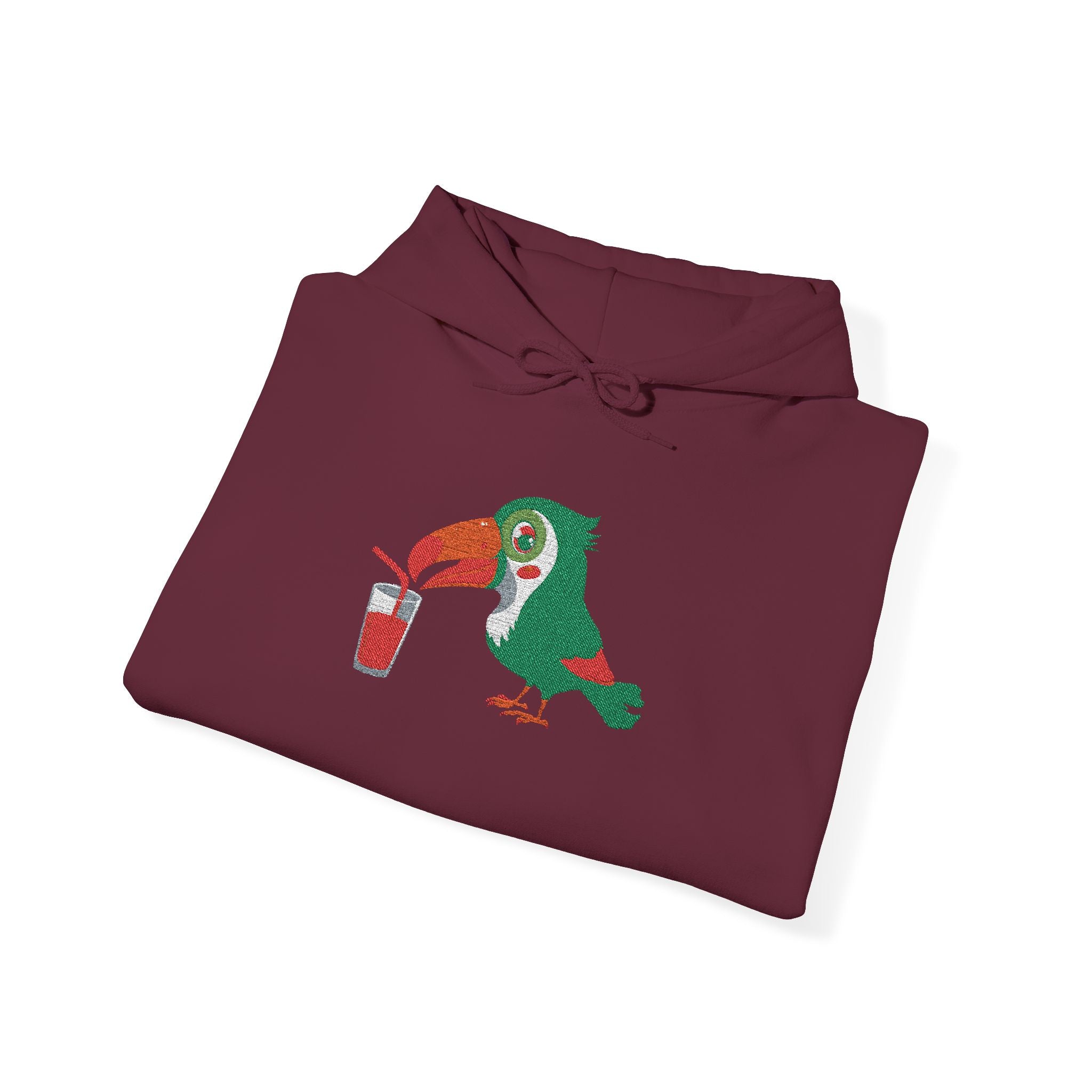 Folded maroon hoodie with a parrot design on a white background
