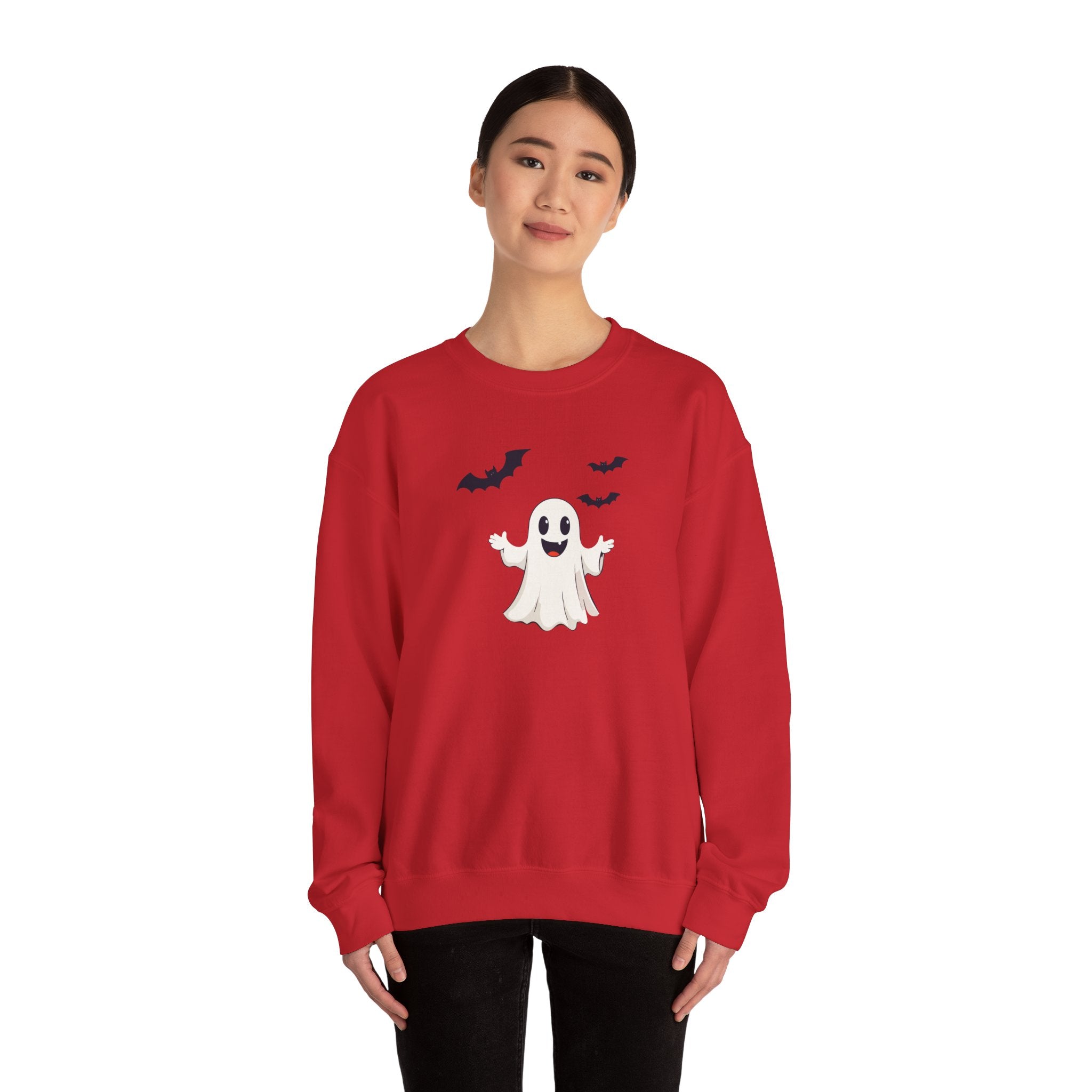 Halloween Ghost Crewneck Sweatshirt Cute Boo Ghost & Bats Cozy Pullover