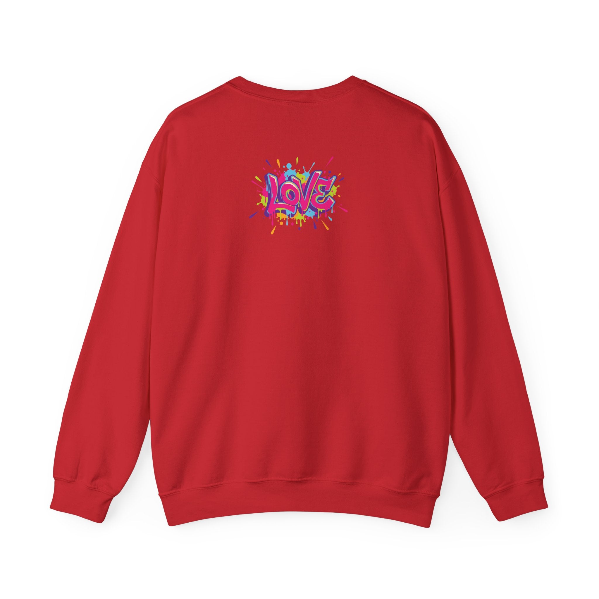 Red sweatshirt with colorful 'LOVE' graphic on the back against a white background
