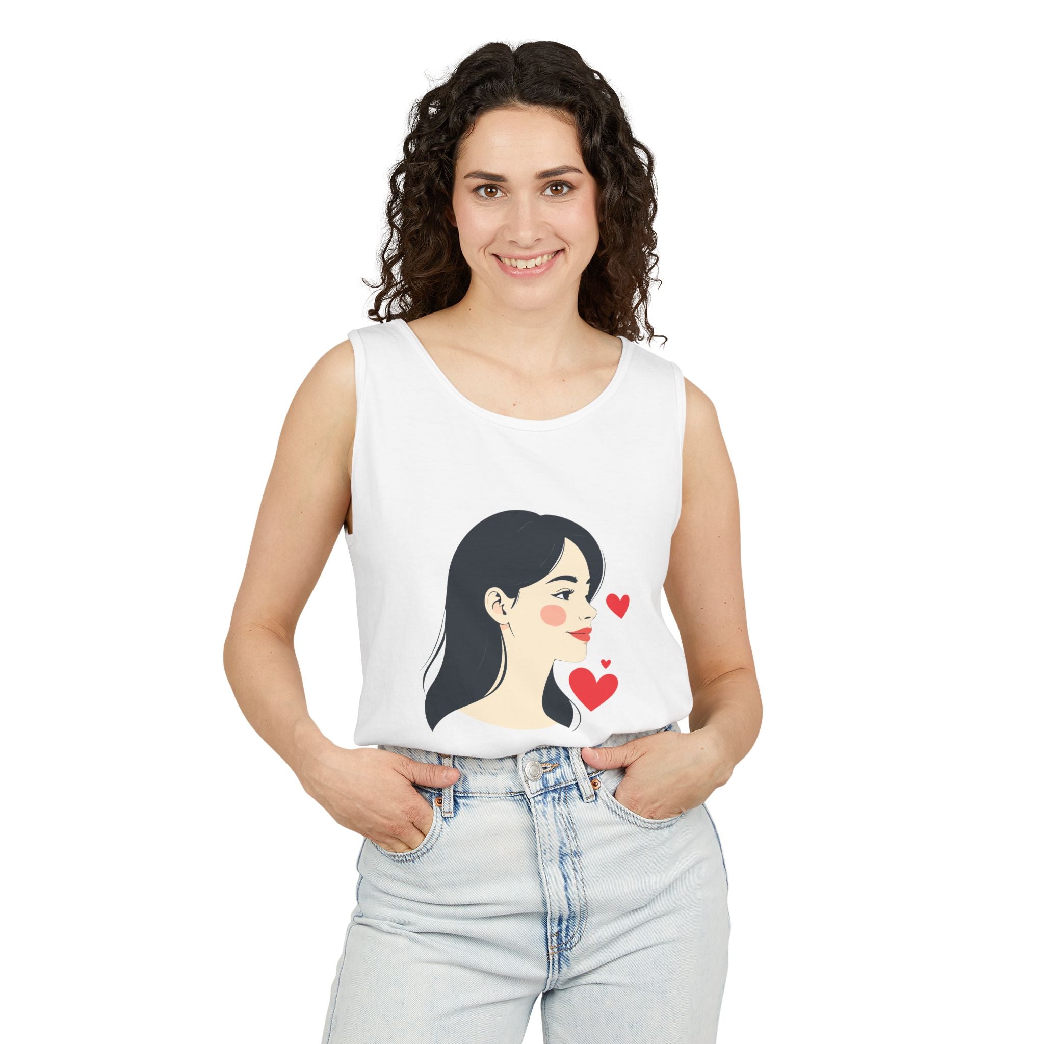 Kawaii Girl Portrait Tank Top Cute Heart Illustration Graphic Tank