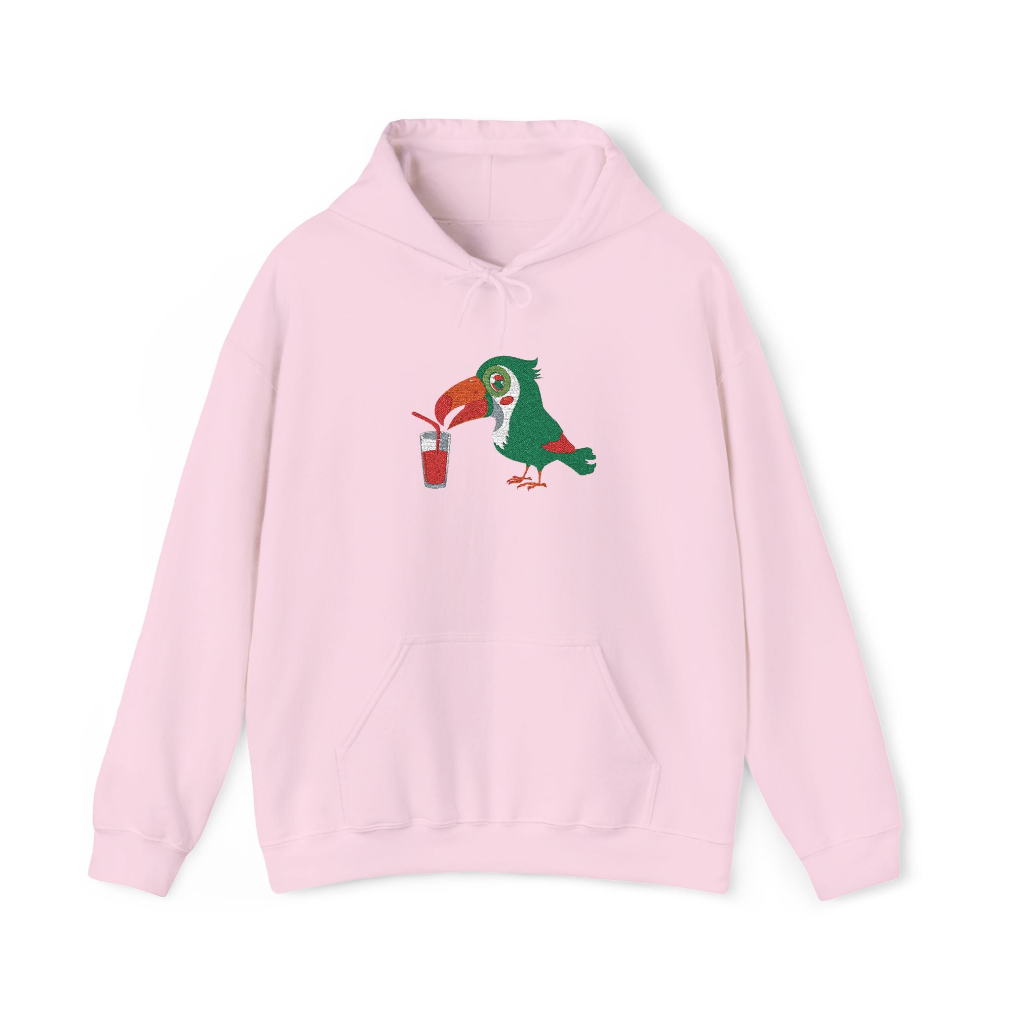 Pink hoodie with a cartoon toucan design on a white background