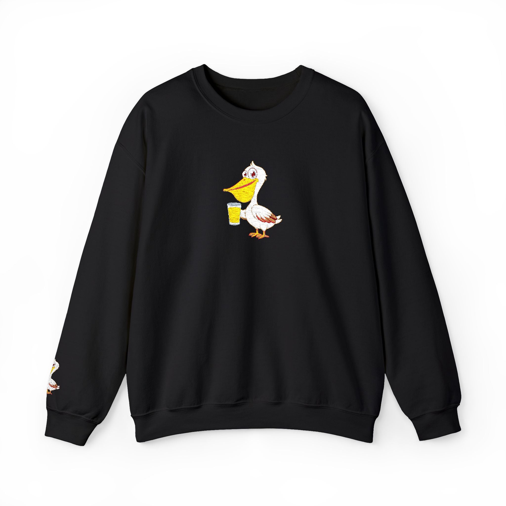 Black sweatshirt with a cartoon duck design on a white background