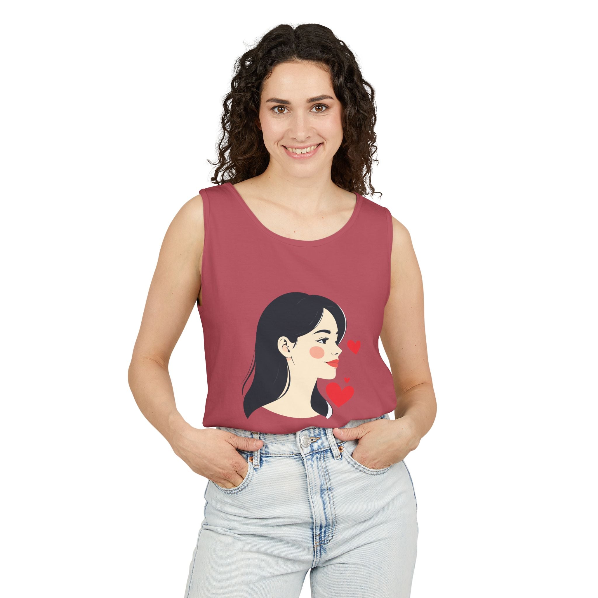 Kawaii Girl Portrait Tank Top Cute Heart Illustration Graphic Tank