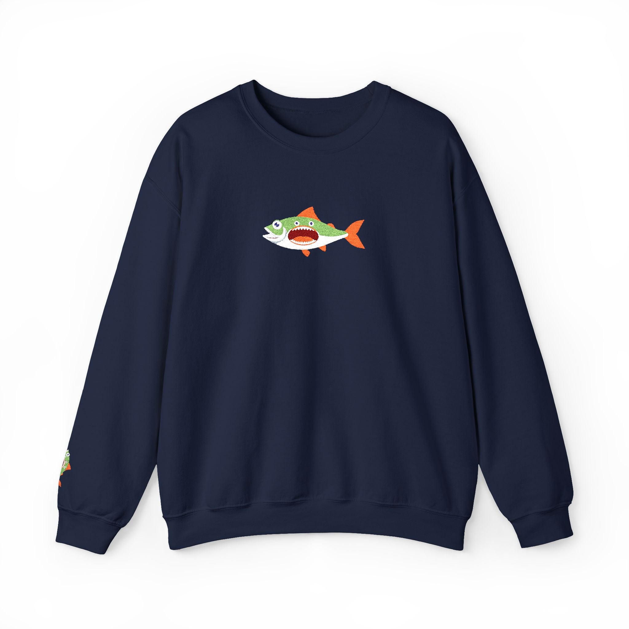 Navy blue sweatshirt with a cartoon shark design on a white background