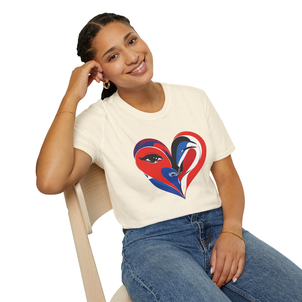 Heart Face Graphic T‑Shirt Red & Blue Abstract Love Design