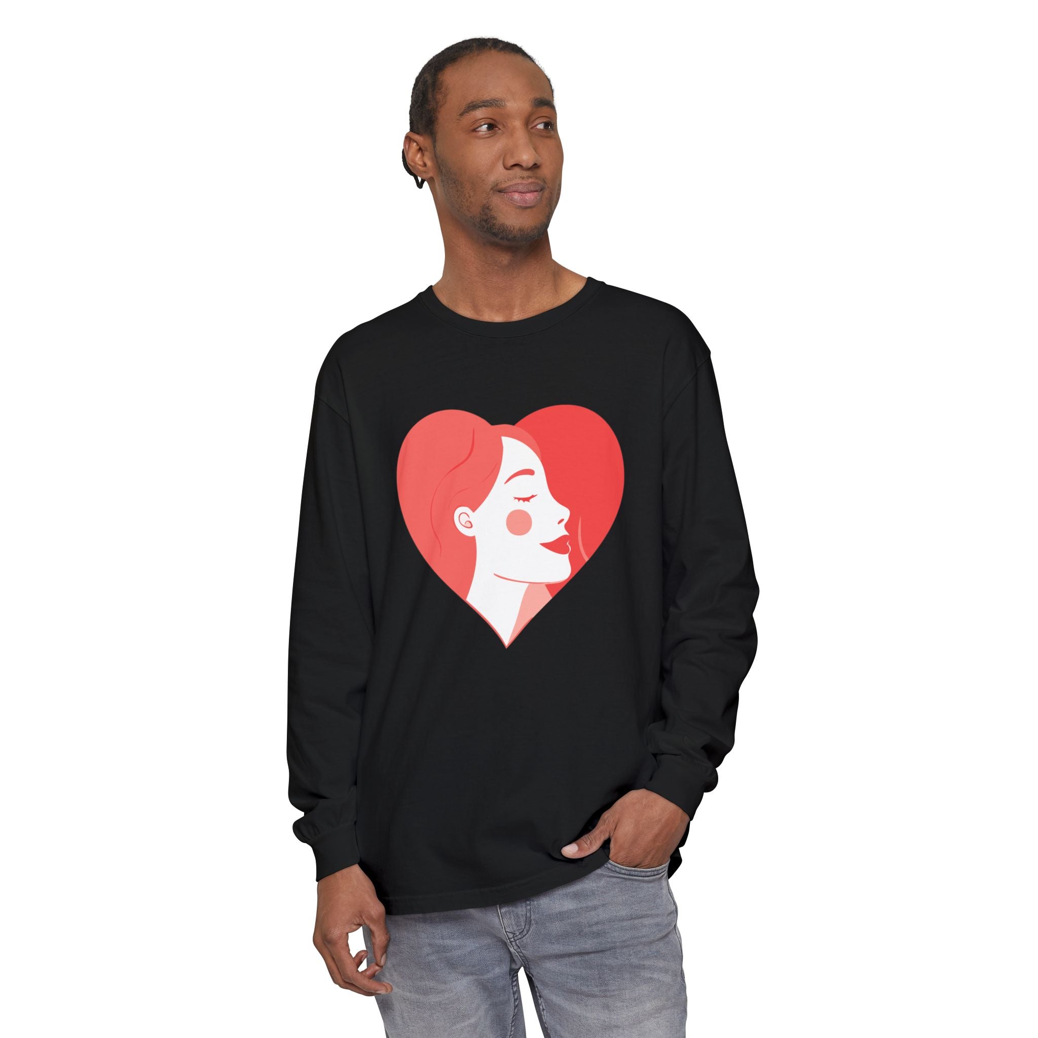 Heart Portrait Long Sleeve Tee — Romantic Red Lady Graphic