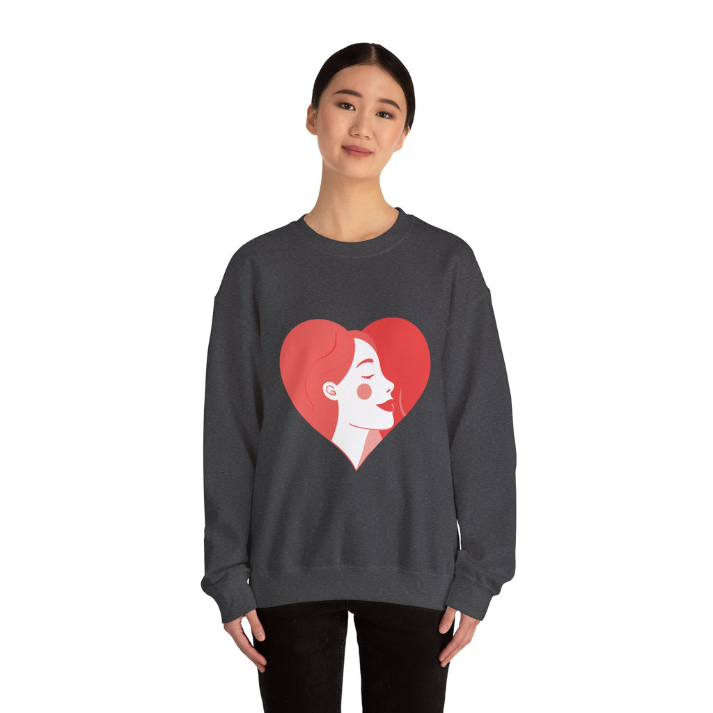 Heart Profile Crewneck Sweatshirt — Minimal Red Heart Portrait Graphic, Women face in Heart