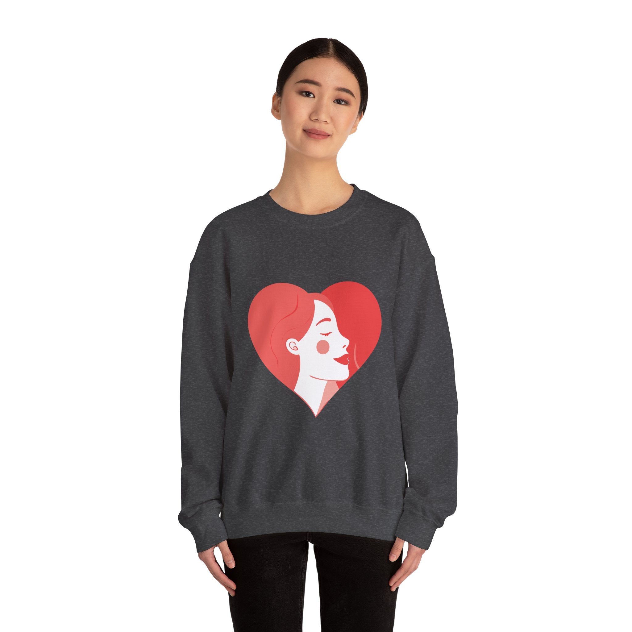 Heart Profile Crewneck Sweatshirt — Minimal Red Heart Portrait Graphic, Women face in Heart