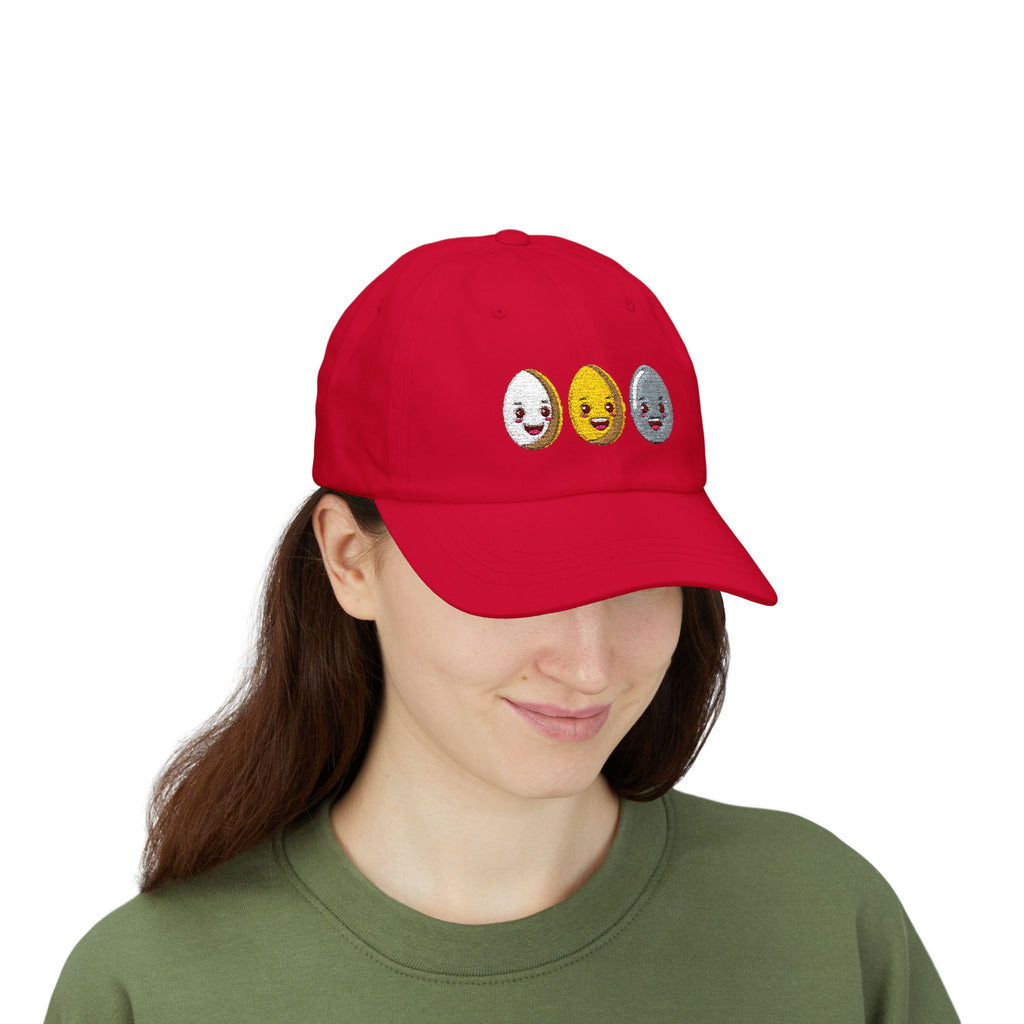 Dad Cap Sequin Egg Trio Embroidered Hat (Cute Breakfast Emoji)