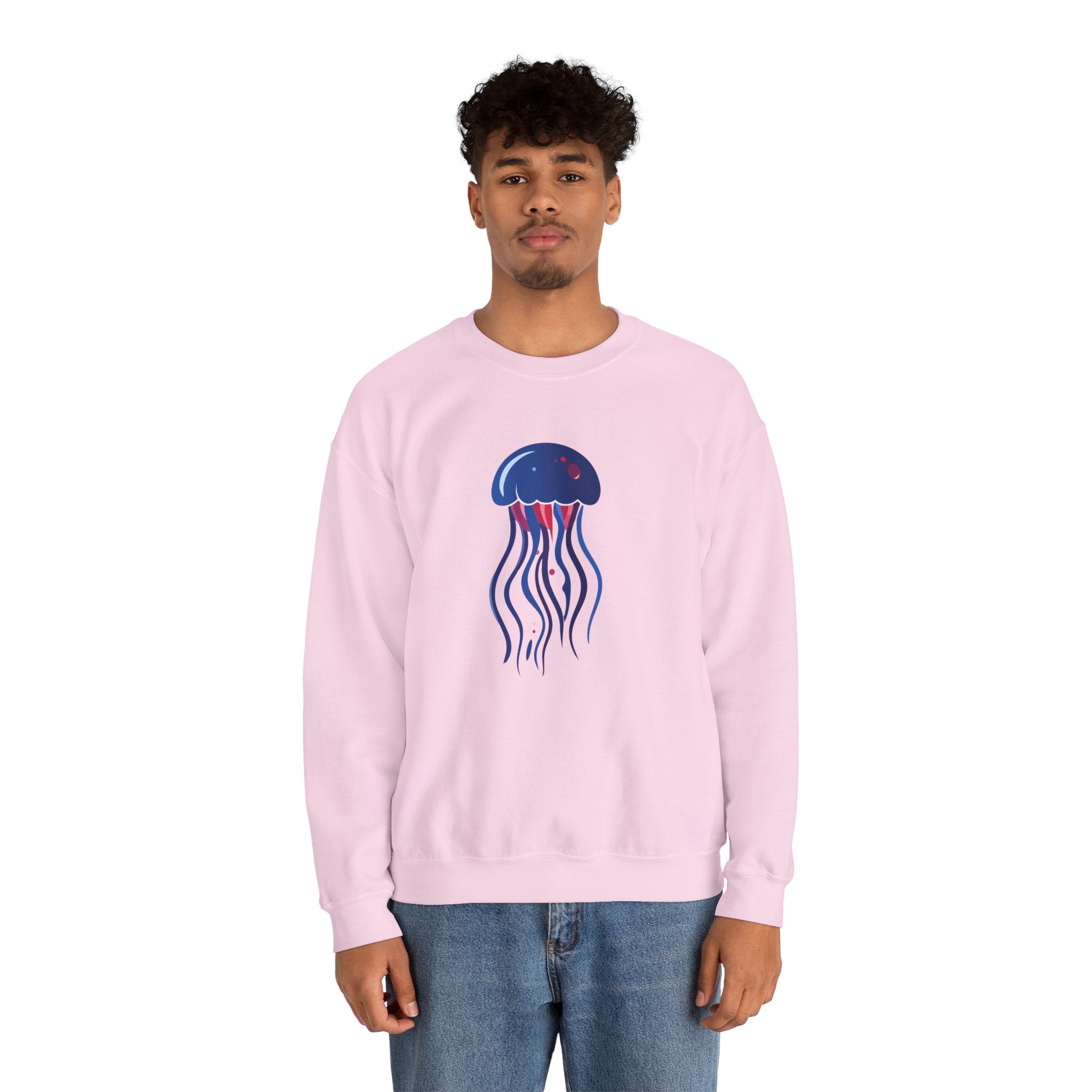 Jellyfish Graphic Crewneck Sweatshirt Cute Blue & Pink Ocean Animal Tee for Beach Lovers