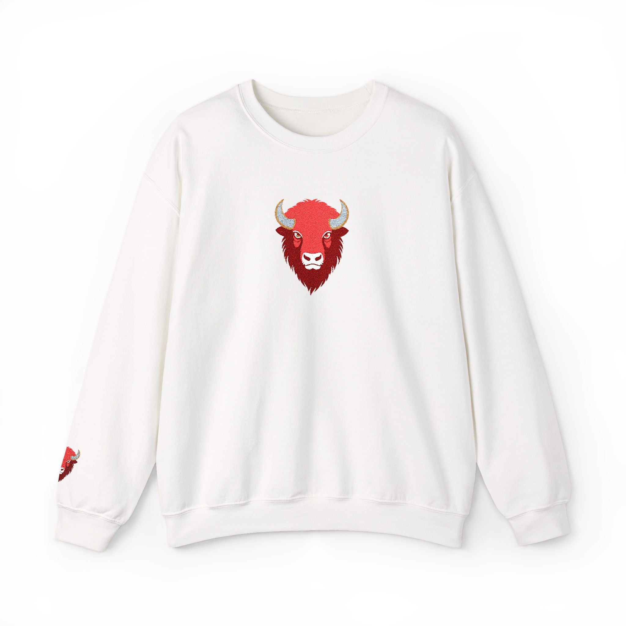 White sweatshirt with a red bull logo on a white background