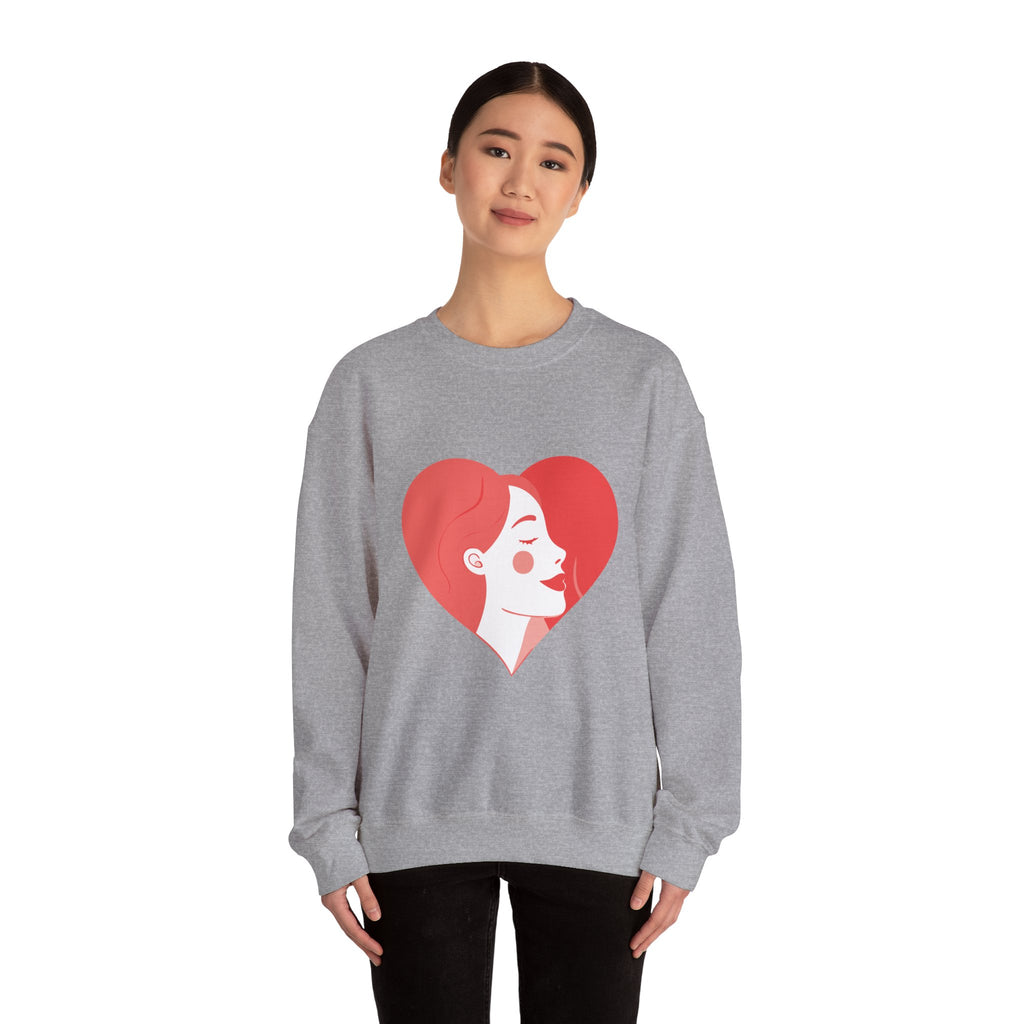 Heart Profile Crewneck Sweatshirt — Minimal Red Heart Portrait Graphic, Women face in Heart