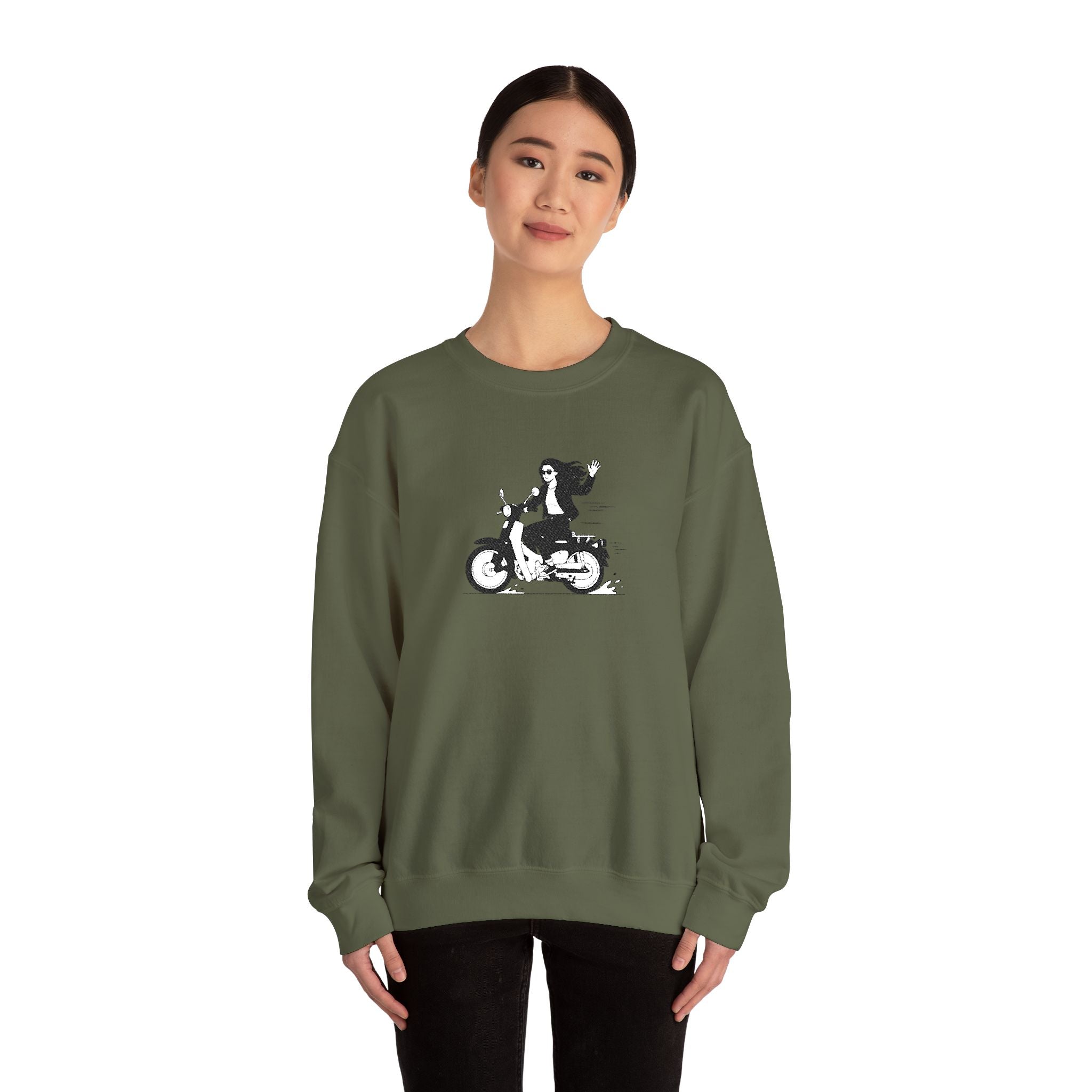Embroidered Girl Motorcycle Rider Graphic Crewneck Sweatshirt