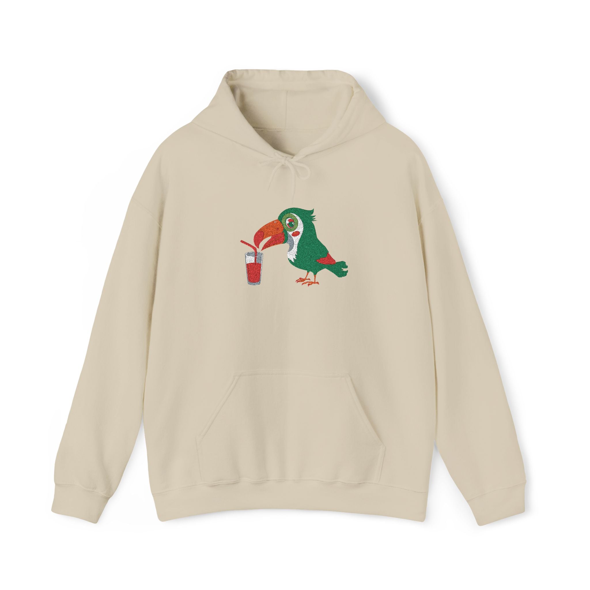 Beige hoodie with a colorful parrot graphic on a white background