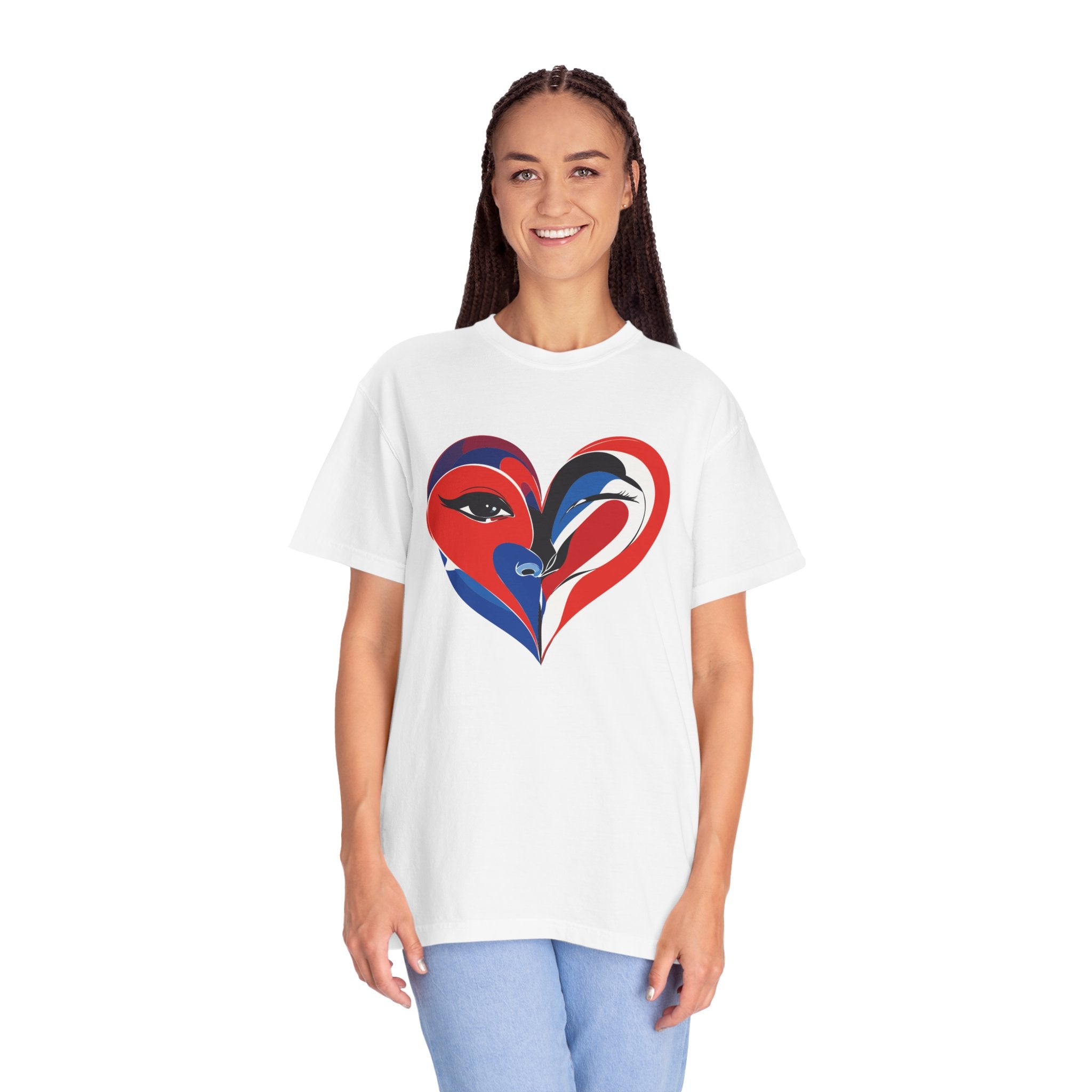 Heart Art Graphic Tee Red & Blue Woman Face Heart Design