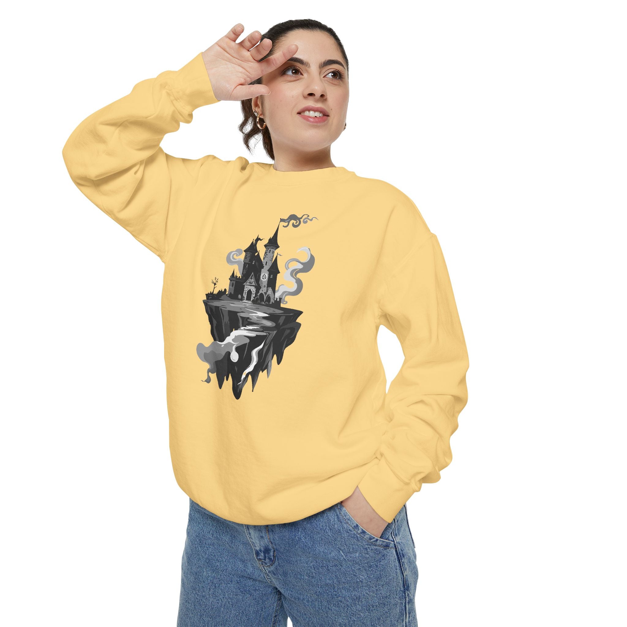 Floating Haunted Castle Sweatshirt Gothic Floating Island Crewneck